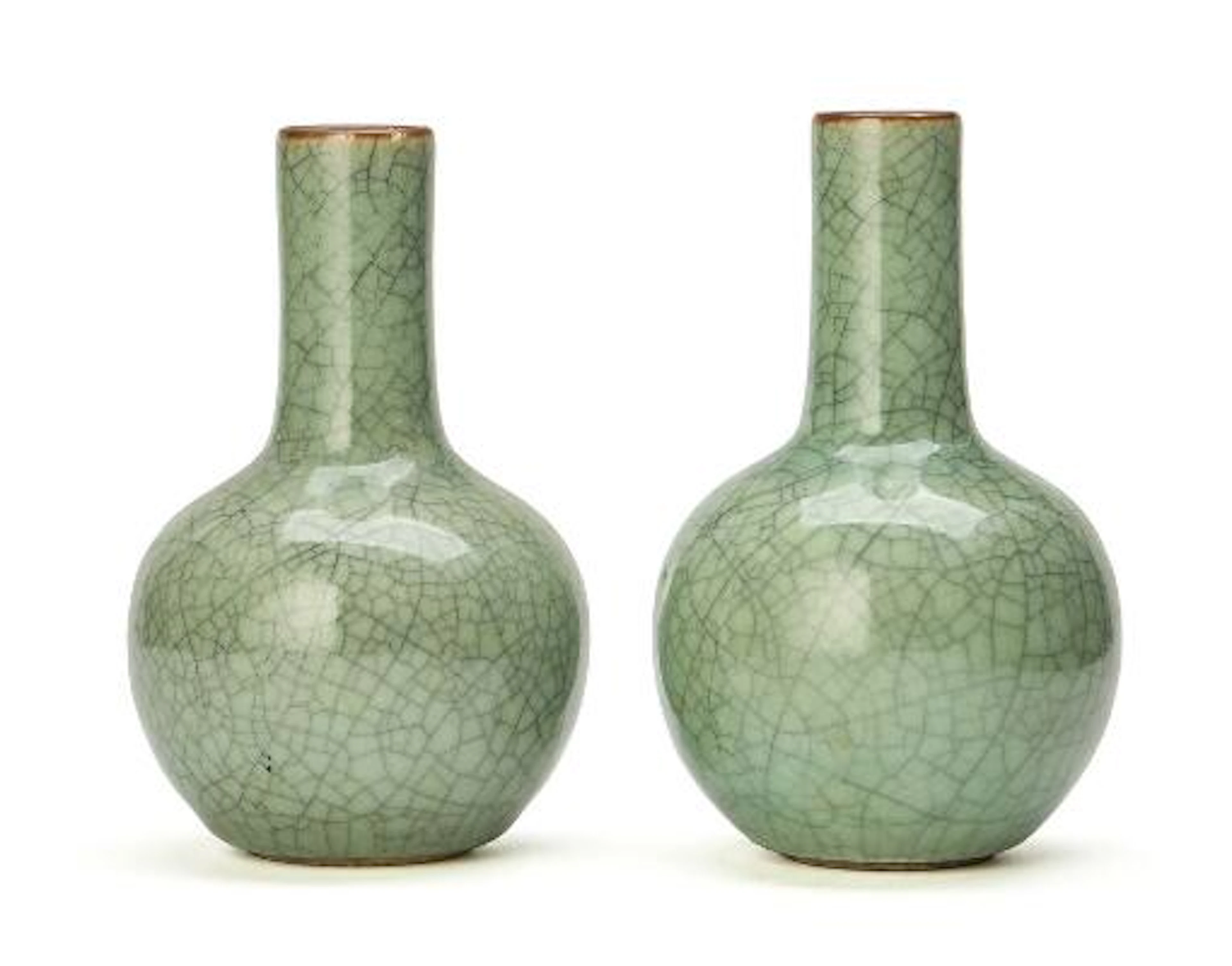 A pair of Chinese crackle glaze celadon bottle vases, Republic. H.