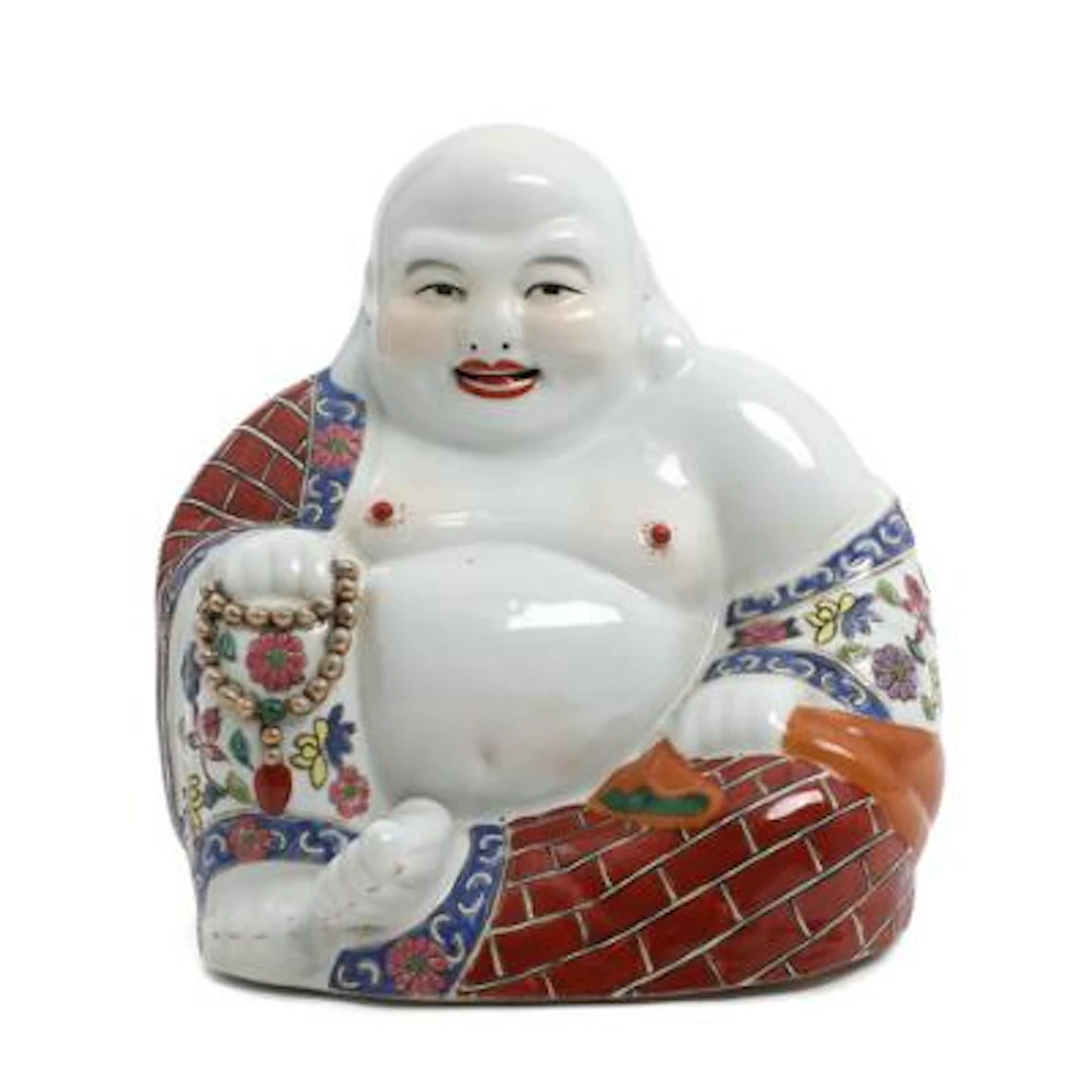 Chinese porcelain figure of Budai, decorated in enamel colours. Marked