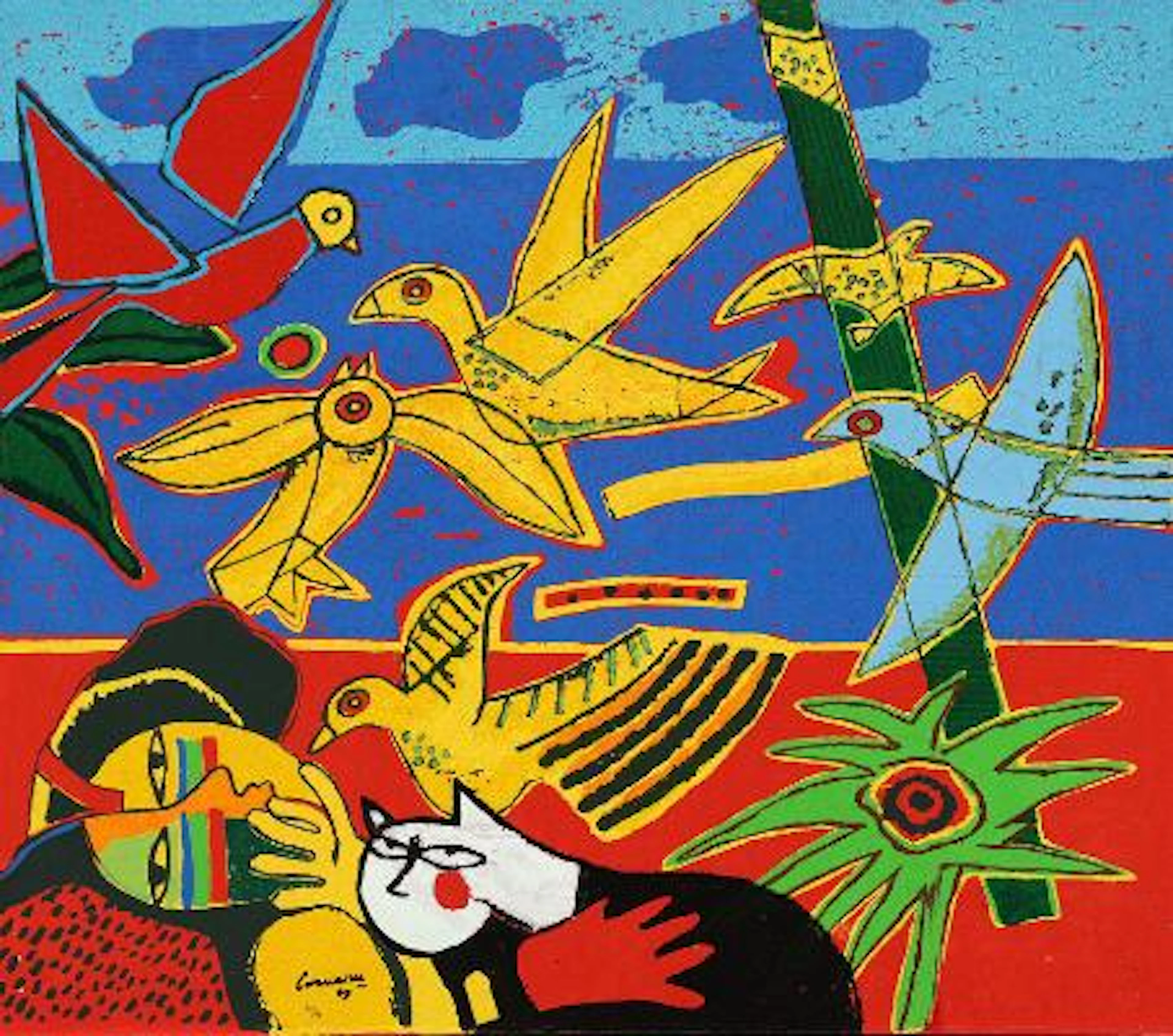 Corneille: Untitled. Signed Corneille 09, 24/90. Terrograph on canvas.
