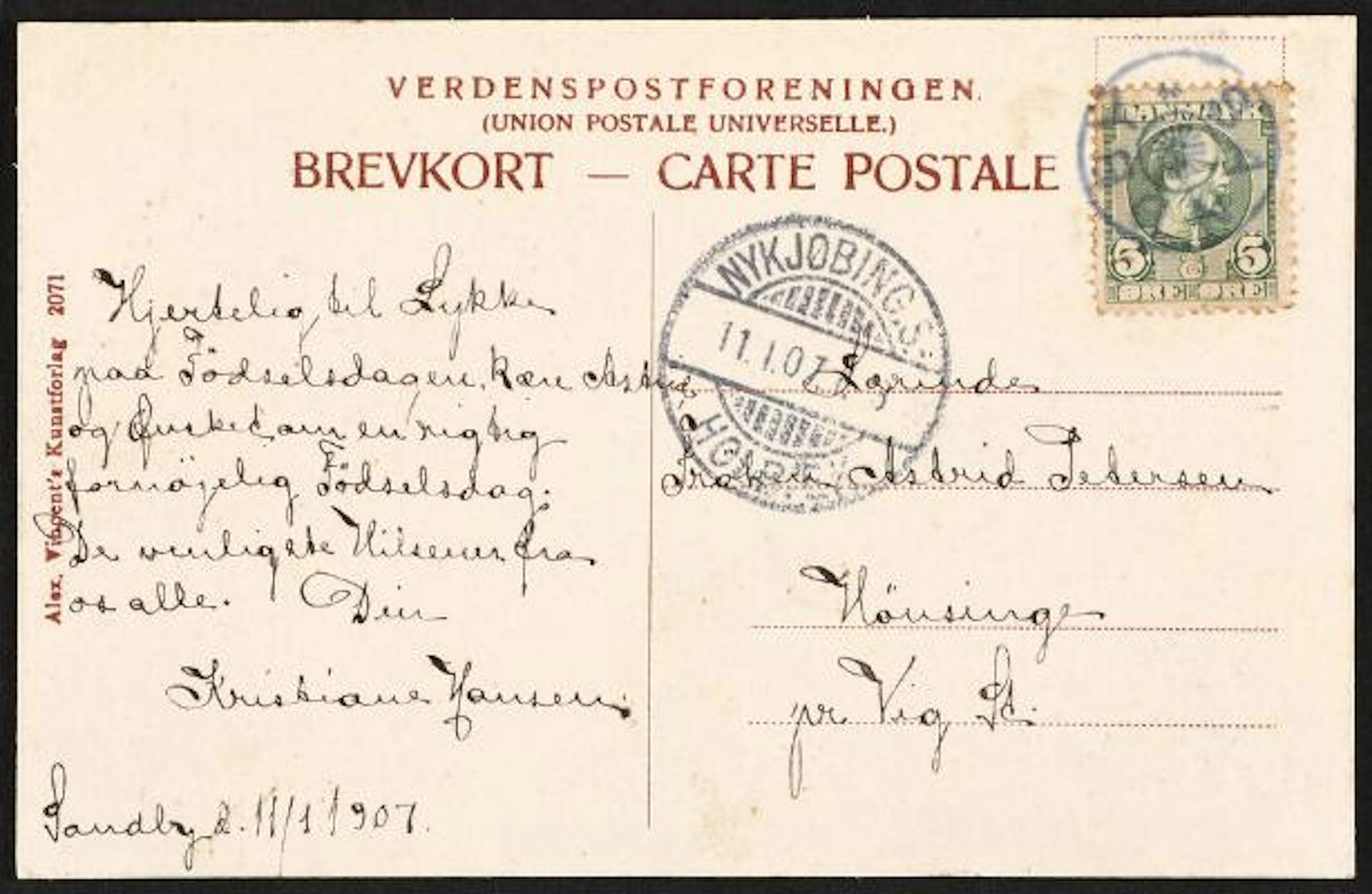 SANDBY. 1905. Christian IX. 5 Øre, green. Postcard with star canc.