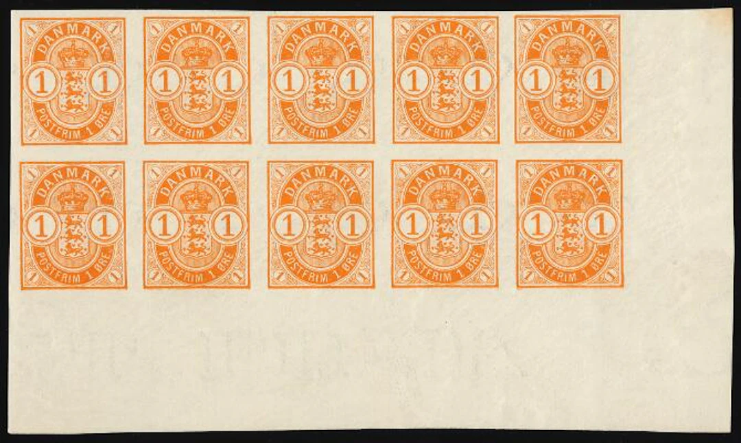 1902. 1 øre, orange. IMPERFORATED BLOCK OF 10 (pos. 86-90/96-100)