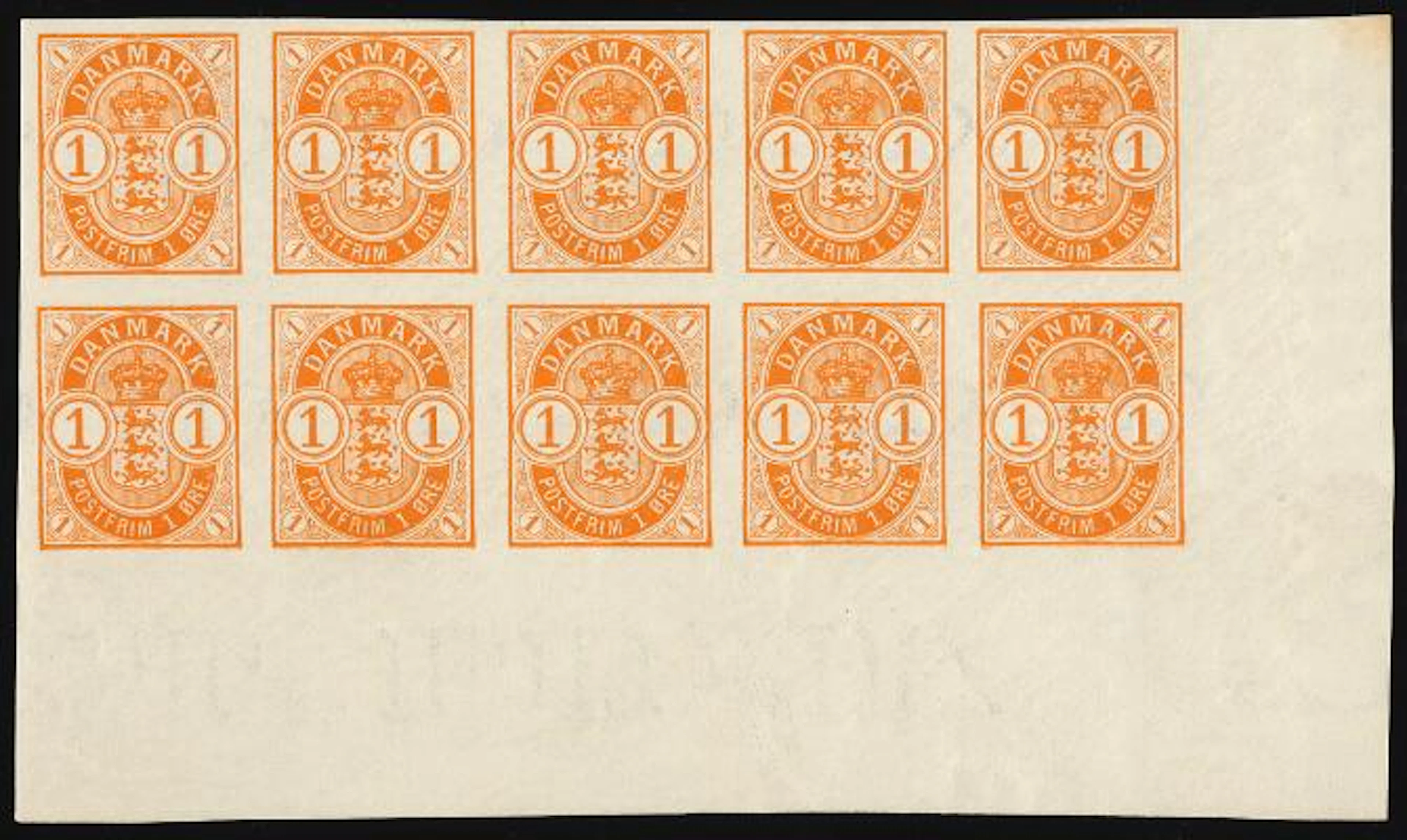 1902. 1 øre, orange. IMPERFORATED BLOCK OF 10 (pos. 86-90/96-100)