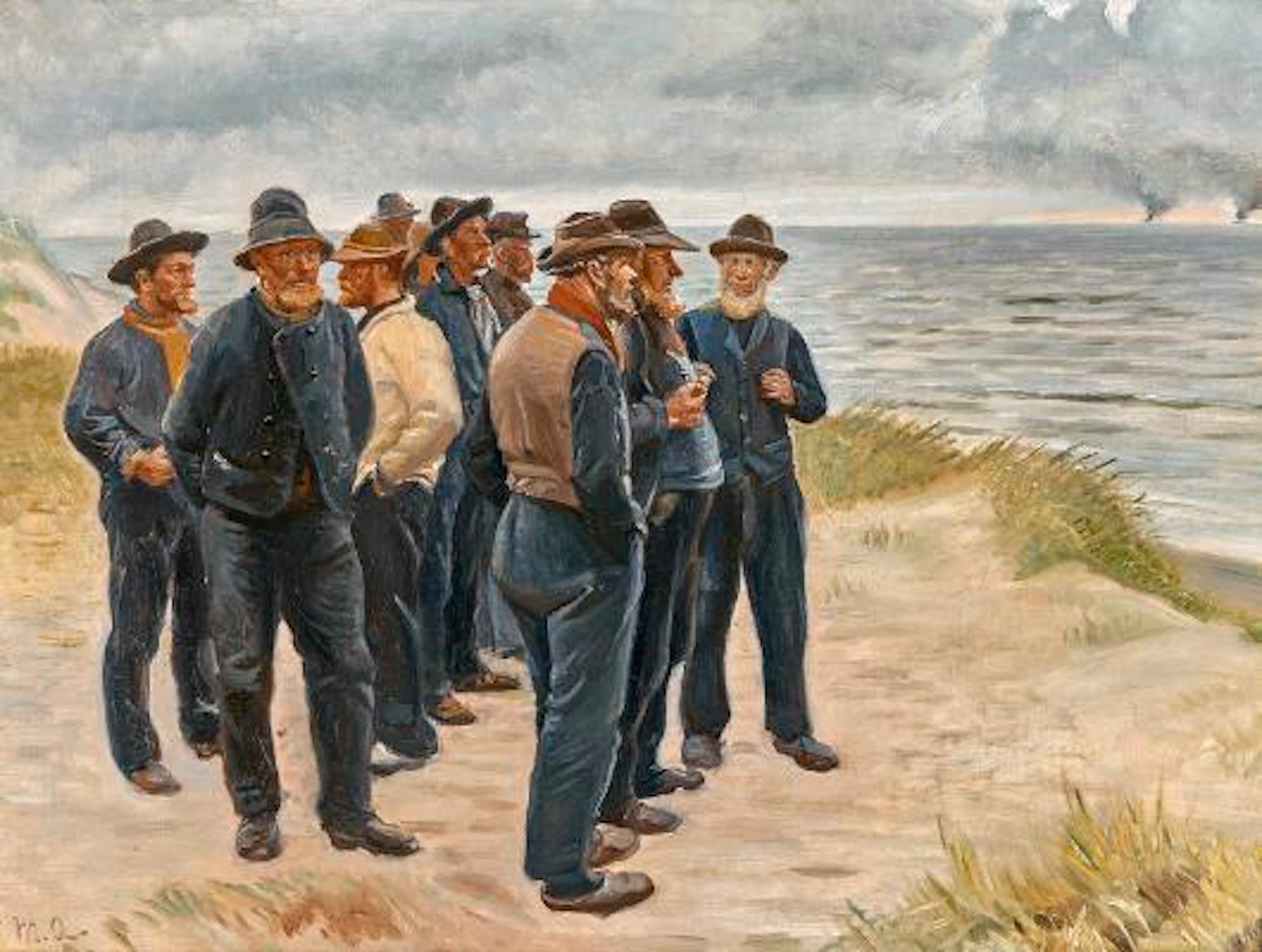 Michael Ancher: Fishermen standing in the dunes of Skagen. Signed