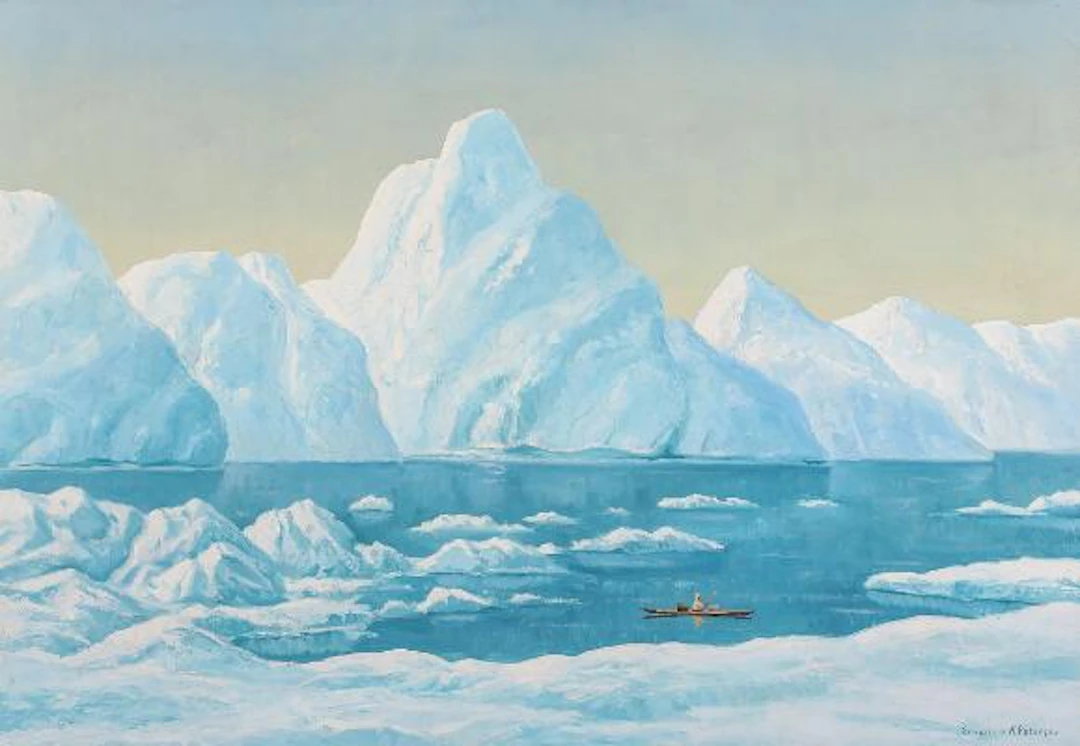 Emanuel A. Petersen: View from Jacobshavn with a hunter in a kayak.
