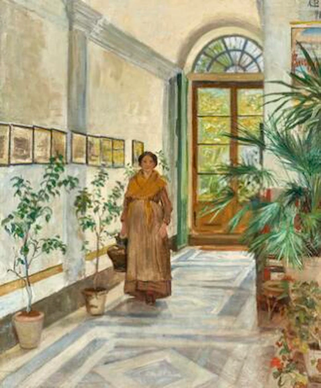 Anna Petersen: Vestibule with a South European Woman. Signed A. P.