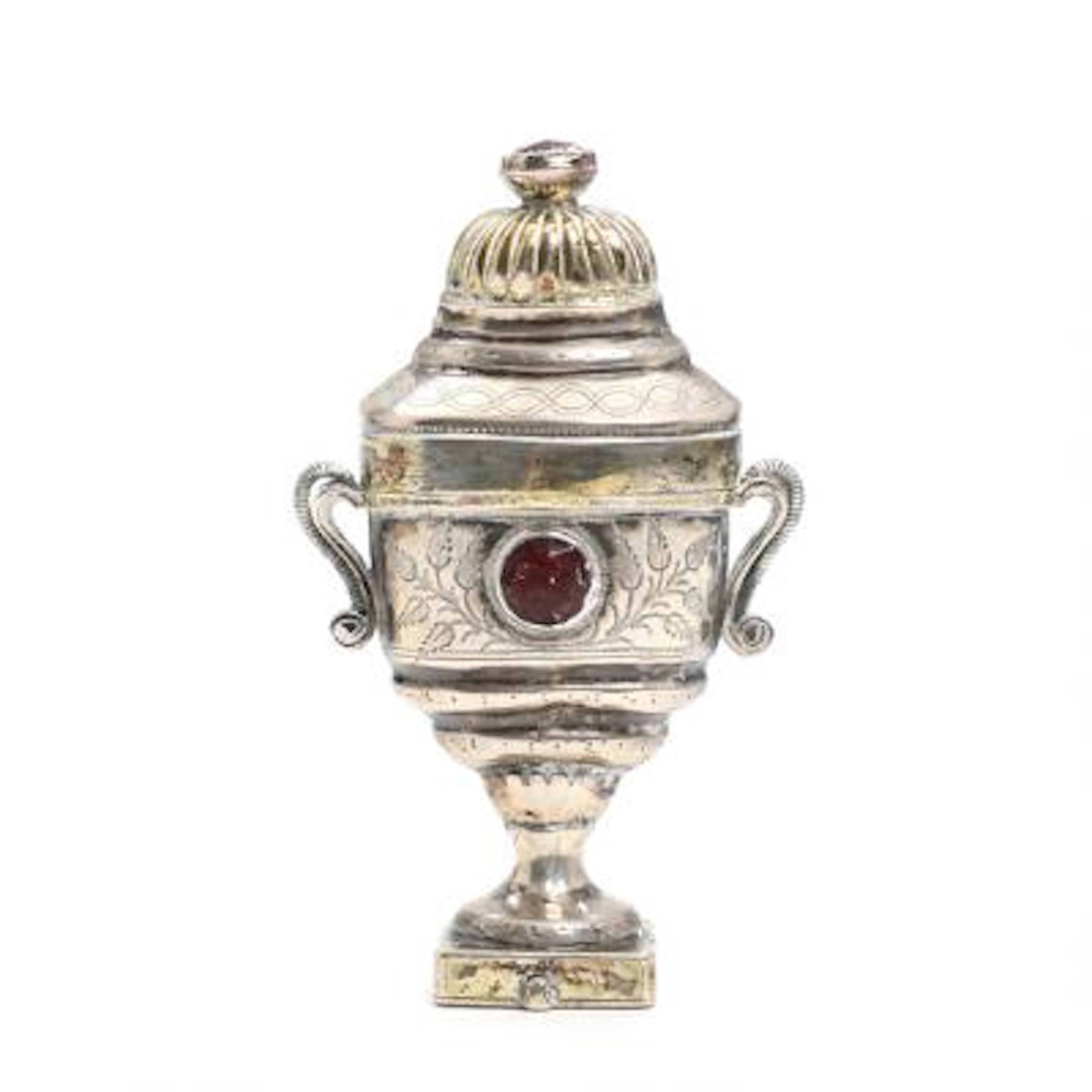 A vinaigrette of partially gilt silver, vase-shaped decorated with