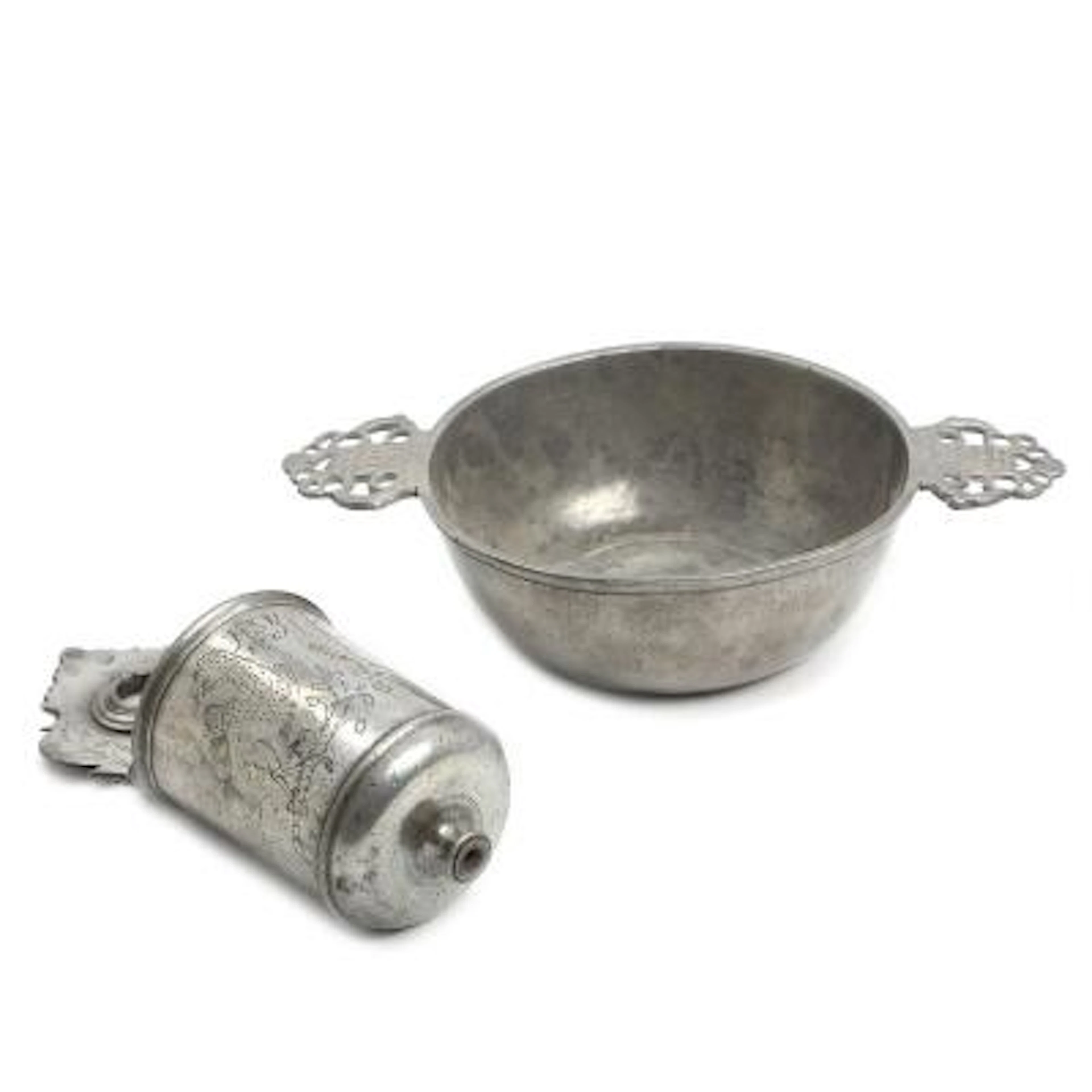 A Baroque pewter holy water font and a Danish pewter porriger. 18th