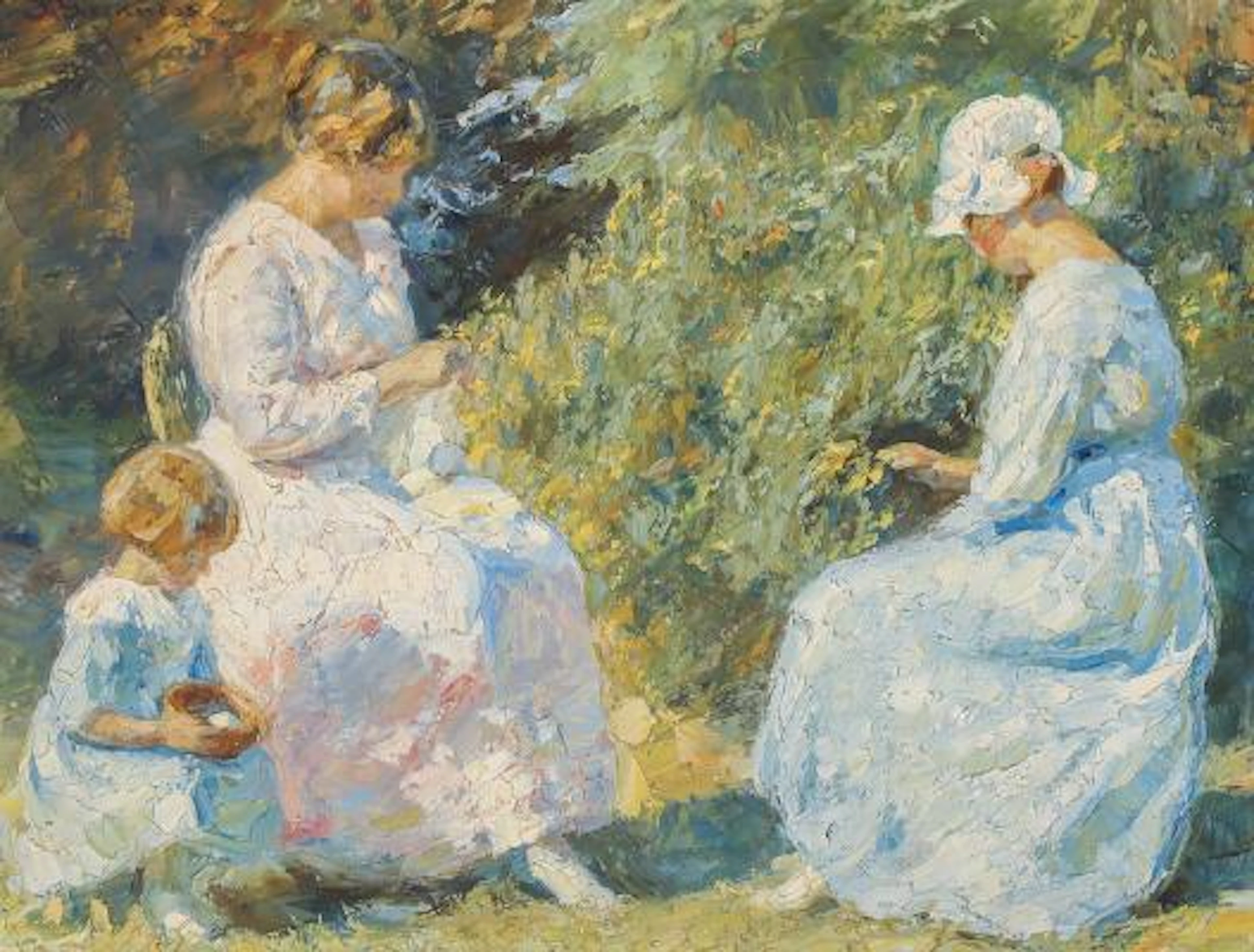 Johannes Grenness: Two woman and a child in the garden. Signed J.