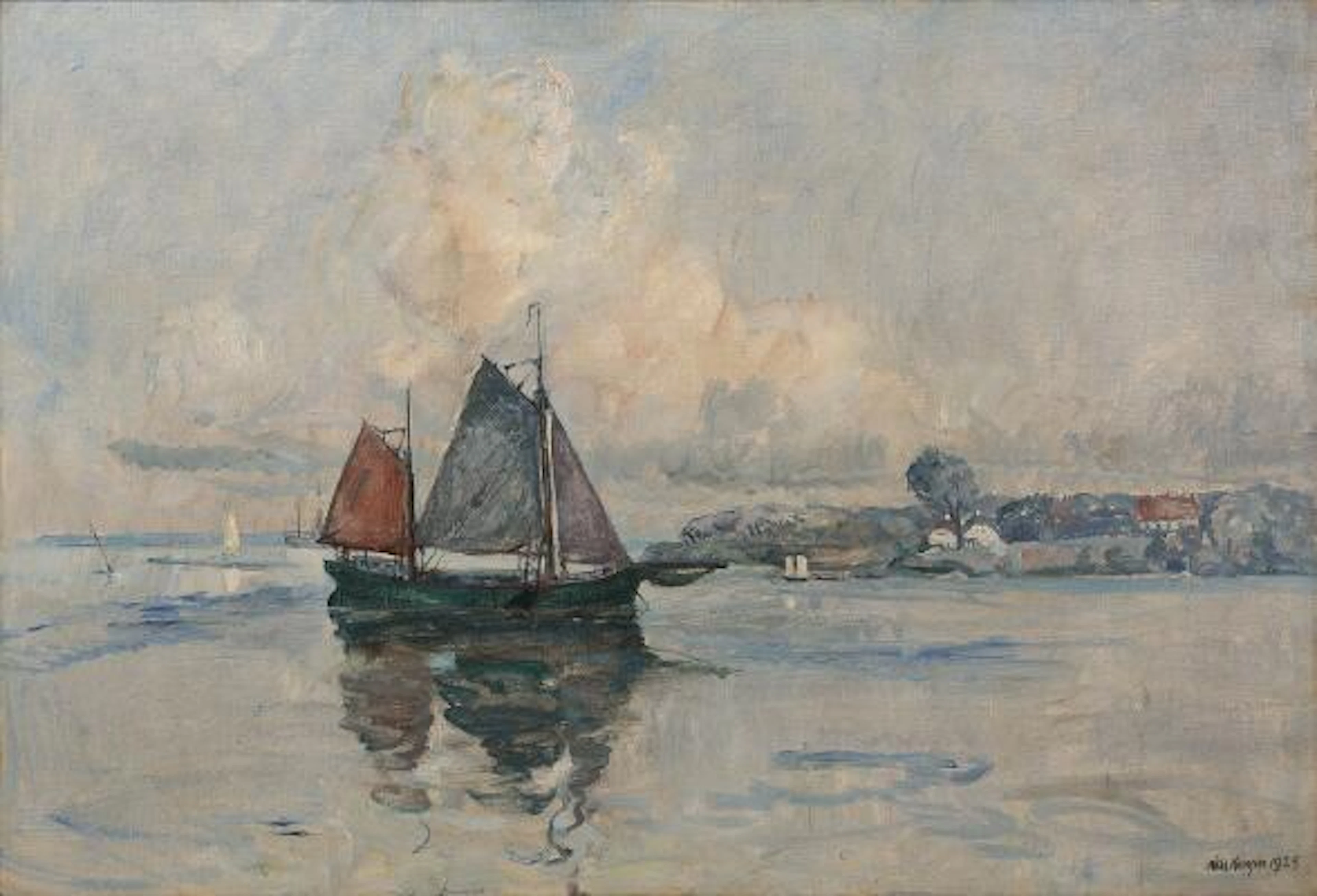 Niels Hansen: Scenery with boats. Signed Niels Hansen 1925. Oil on