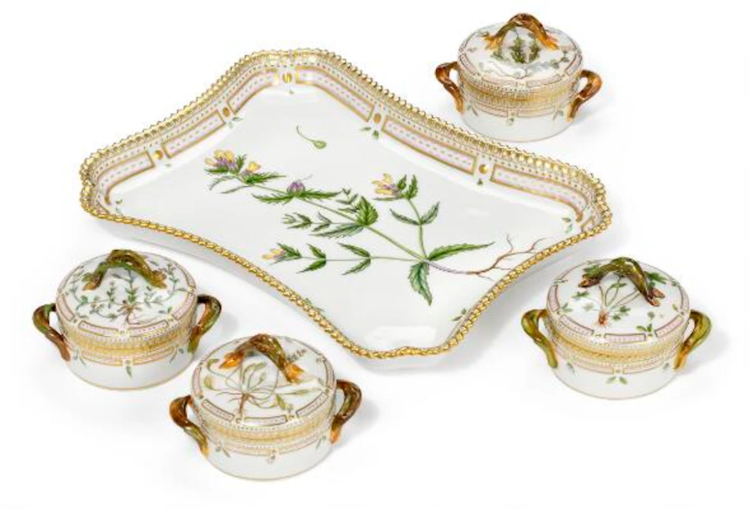 "Flora Danica" four enamelled and gilt porcelain sugar bowls and a