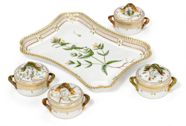 "Flora Danica" four enamelled and gilt porcelain sugar bowls and a