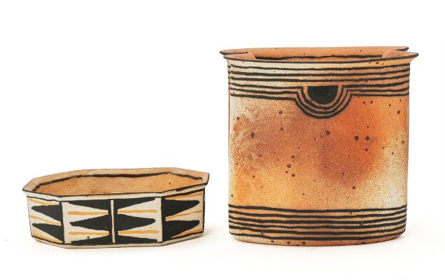 Beate Andersen: A stoneware vase and a small bowl, partly decorated