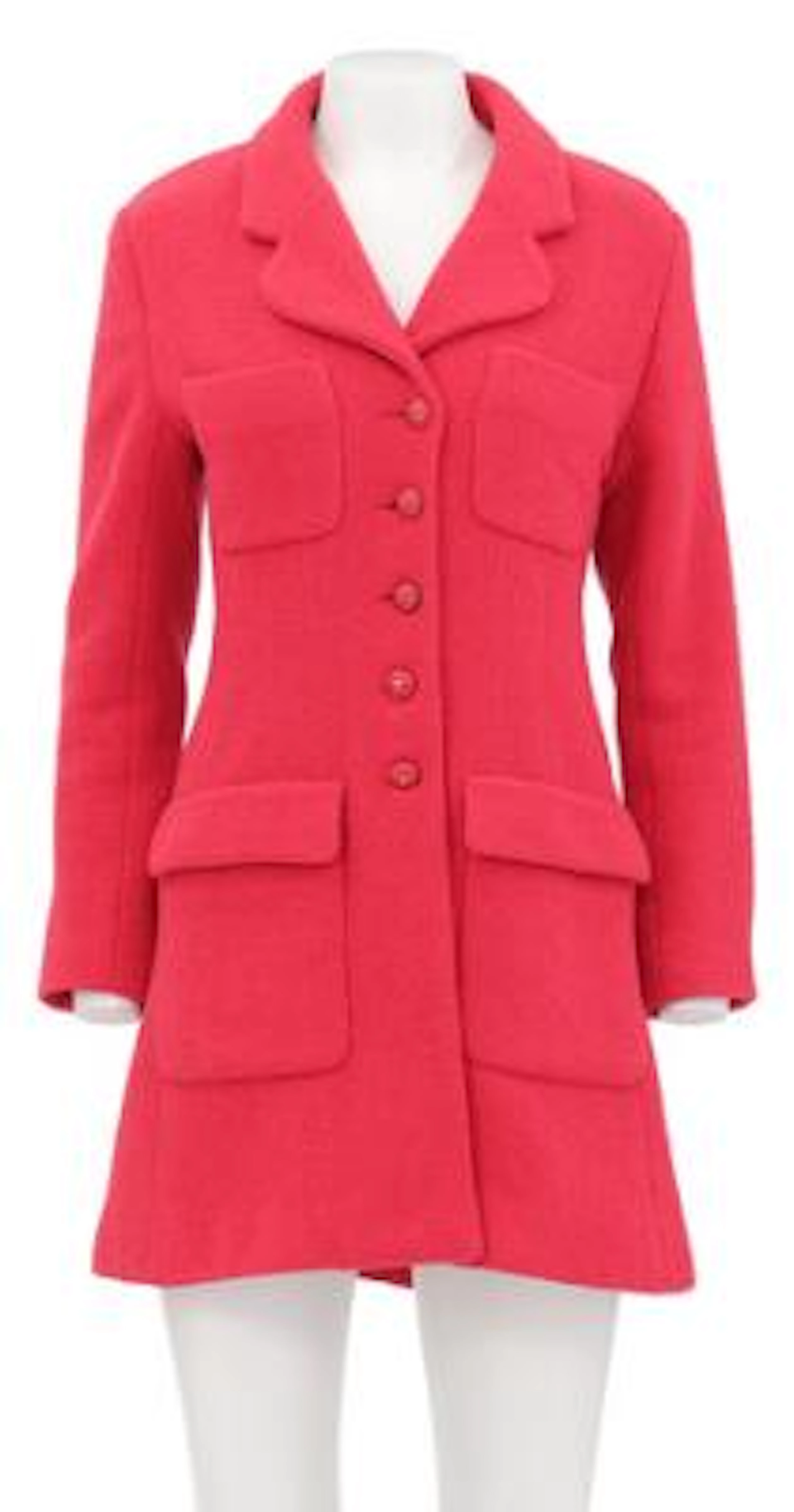 Chanel: A pink jacket of a collar, buttons on the front, four pockets