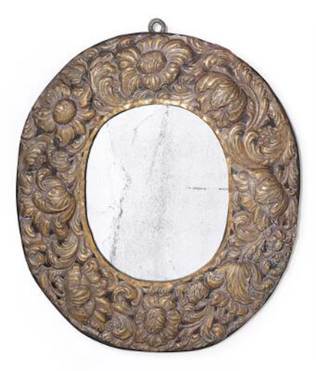 Oval mirror of punched brass on wooden frame. Sweden, 17th century.