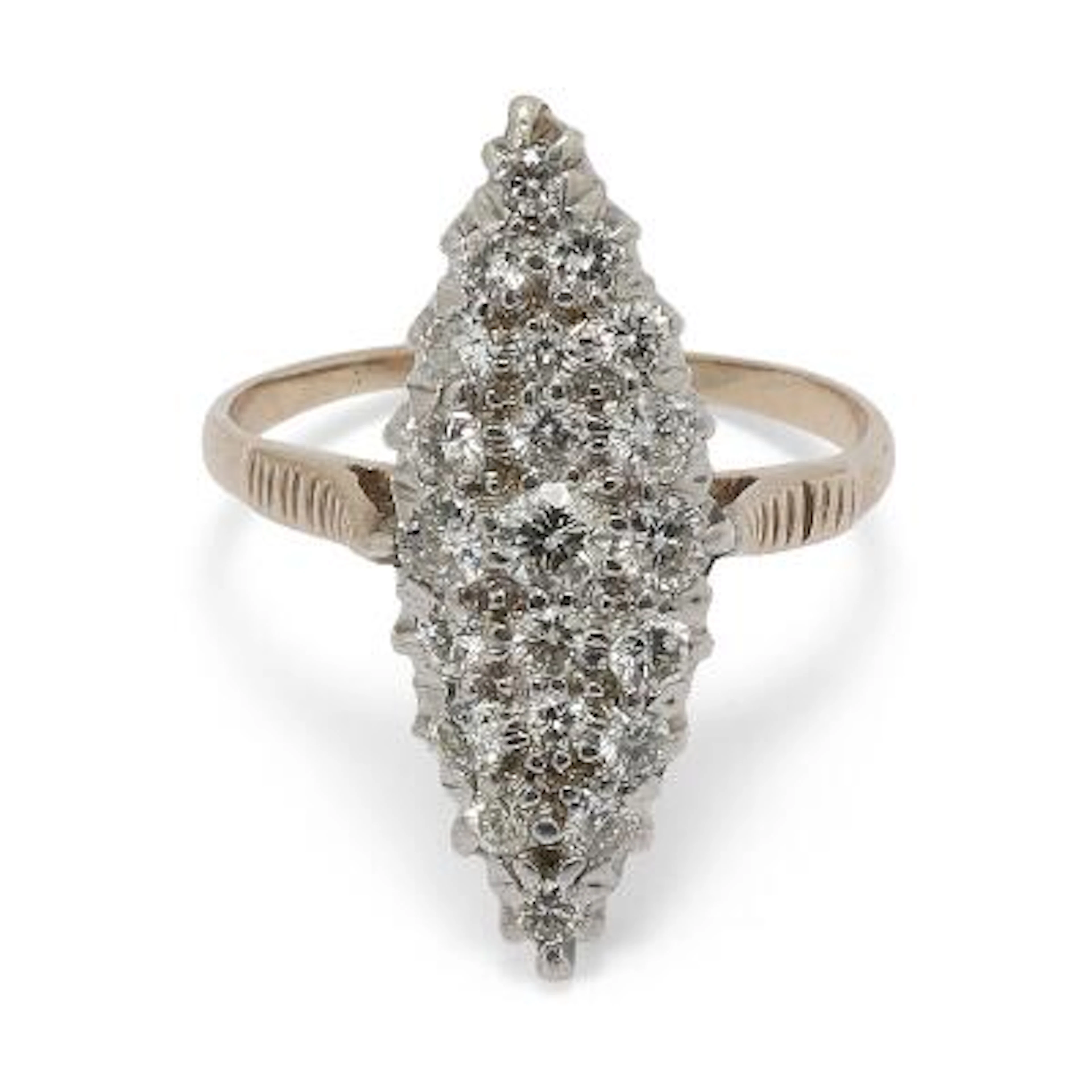 A diamond ring set with numerous diamonds, mounted in 14k white gold.