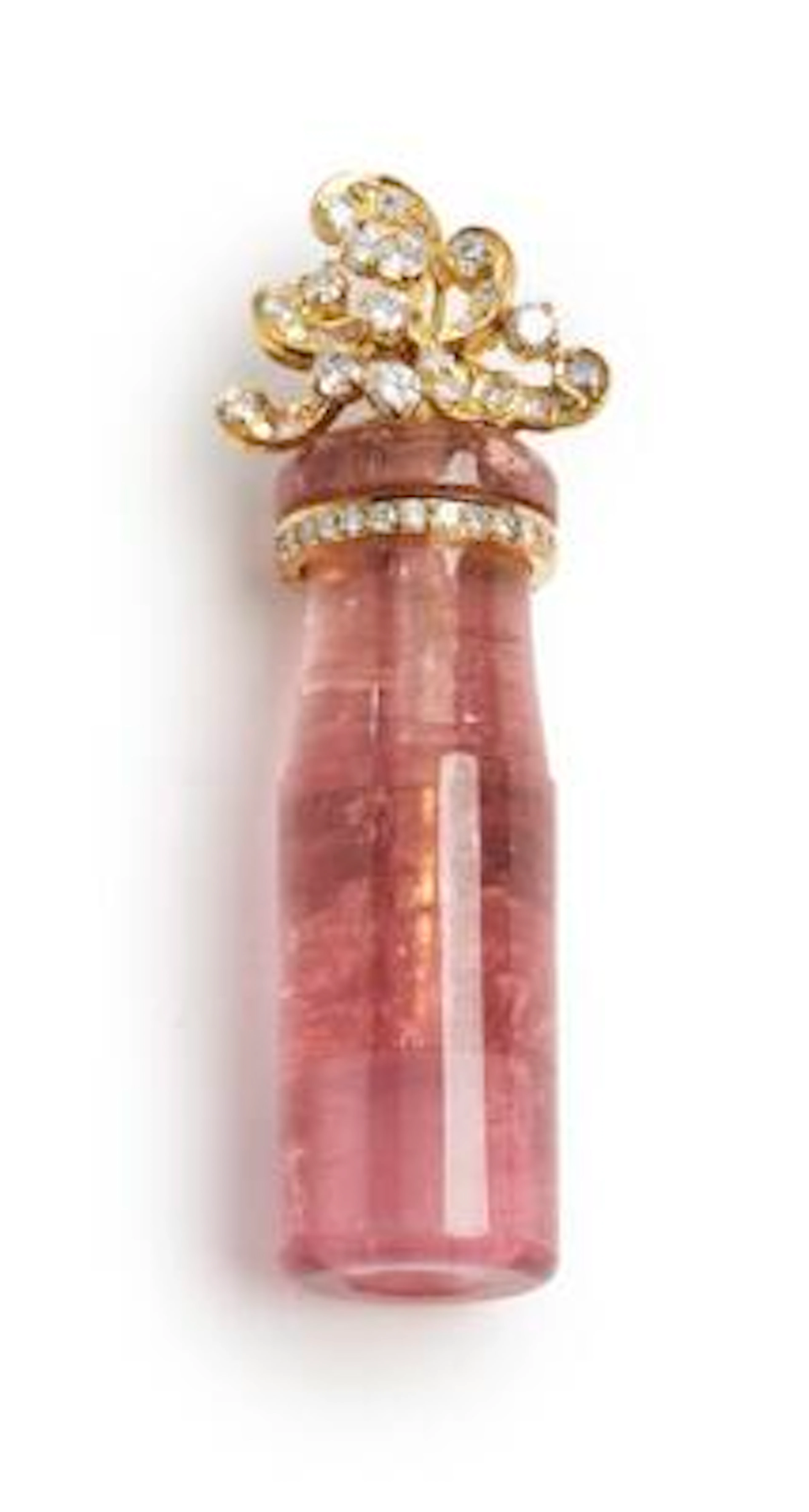 A tourmaline pendant set with numerous diamonds and a polished pink