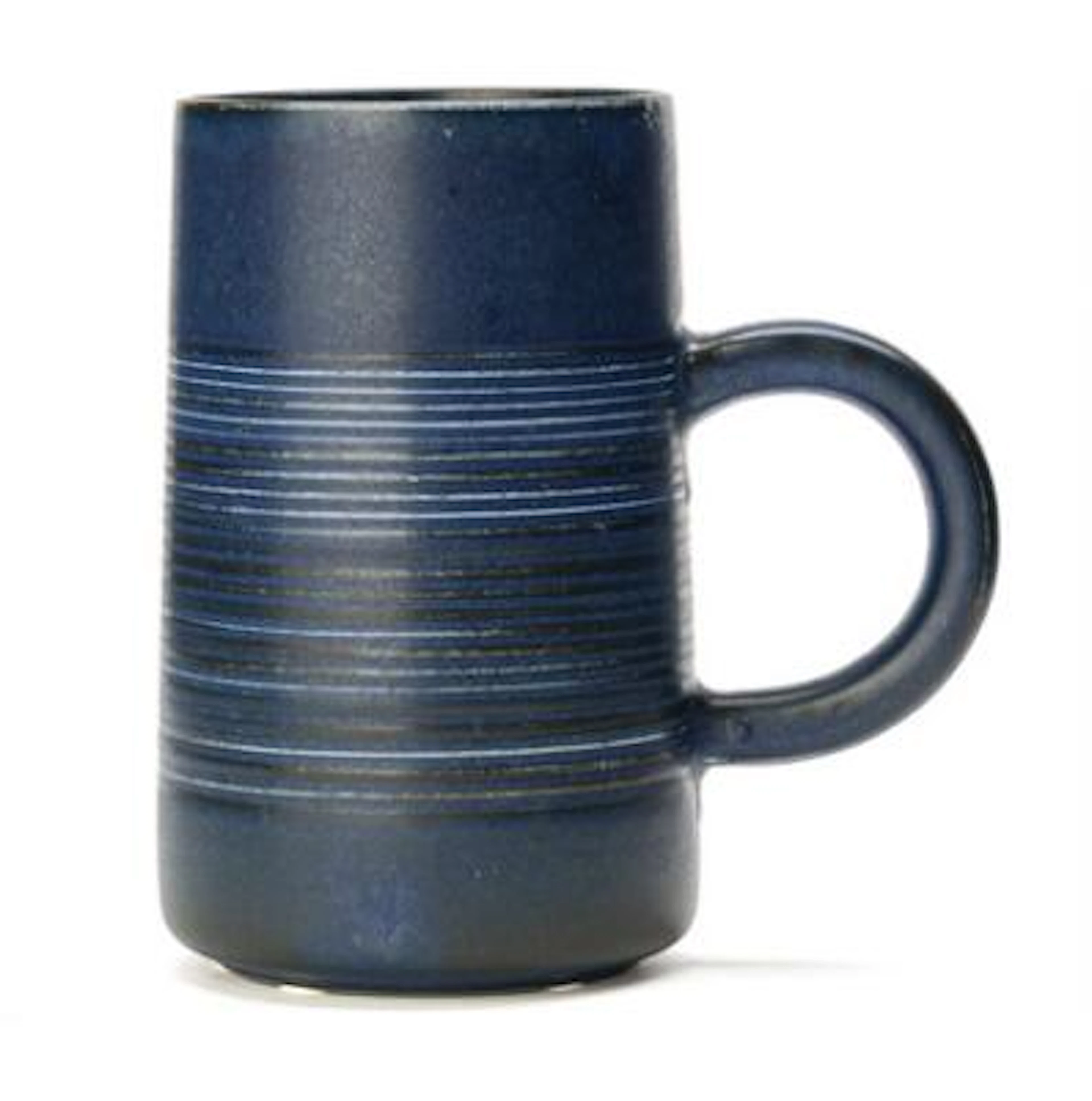 Saxbo: A stoneware mug with horizontal relief decoration. Decorated