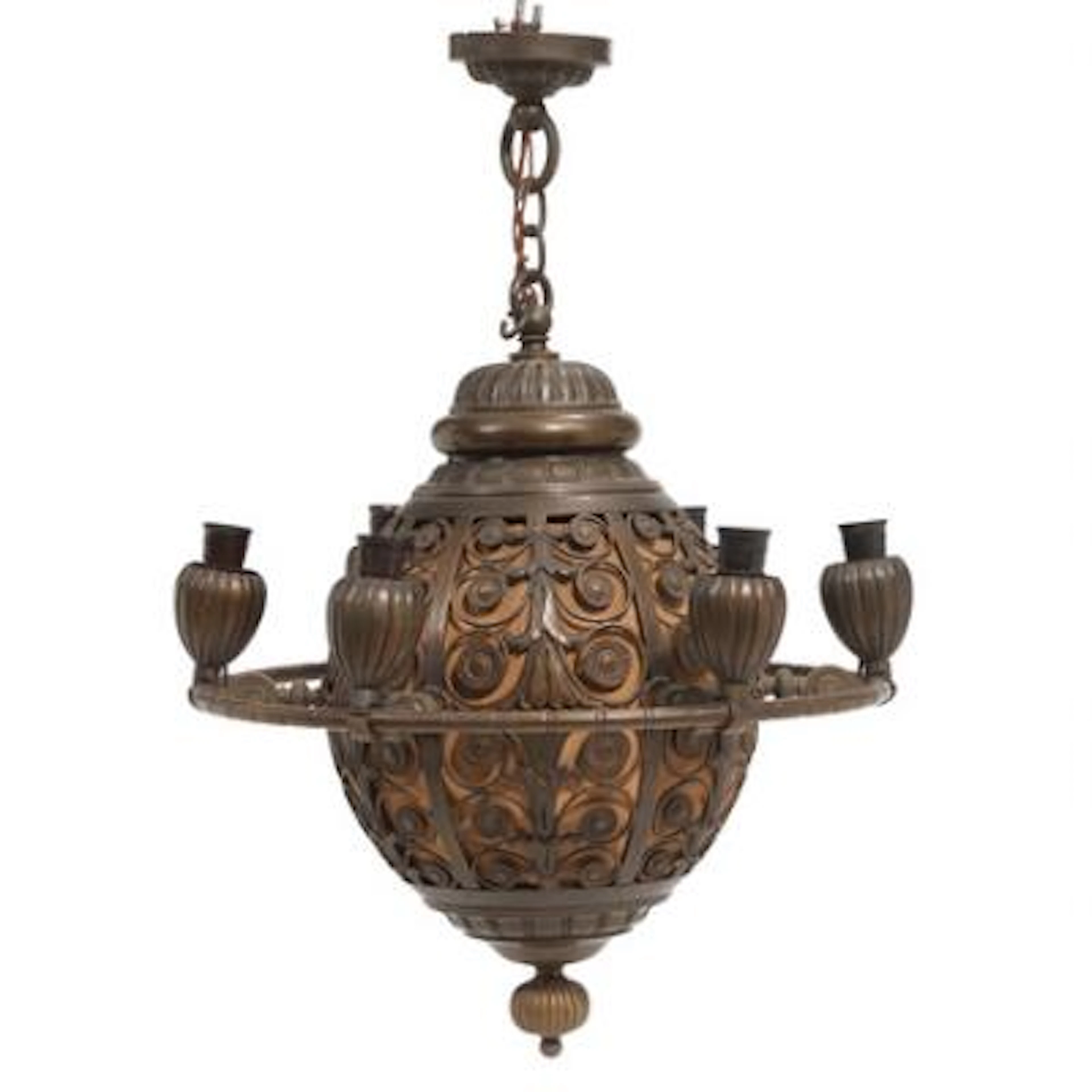 Art Nouveau chandelier of brown-patinated bronze and brass, six light
