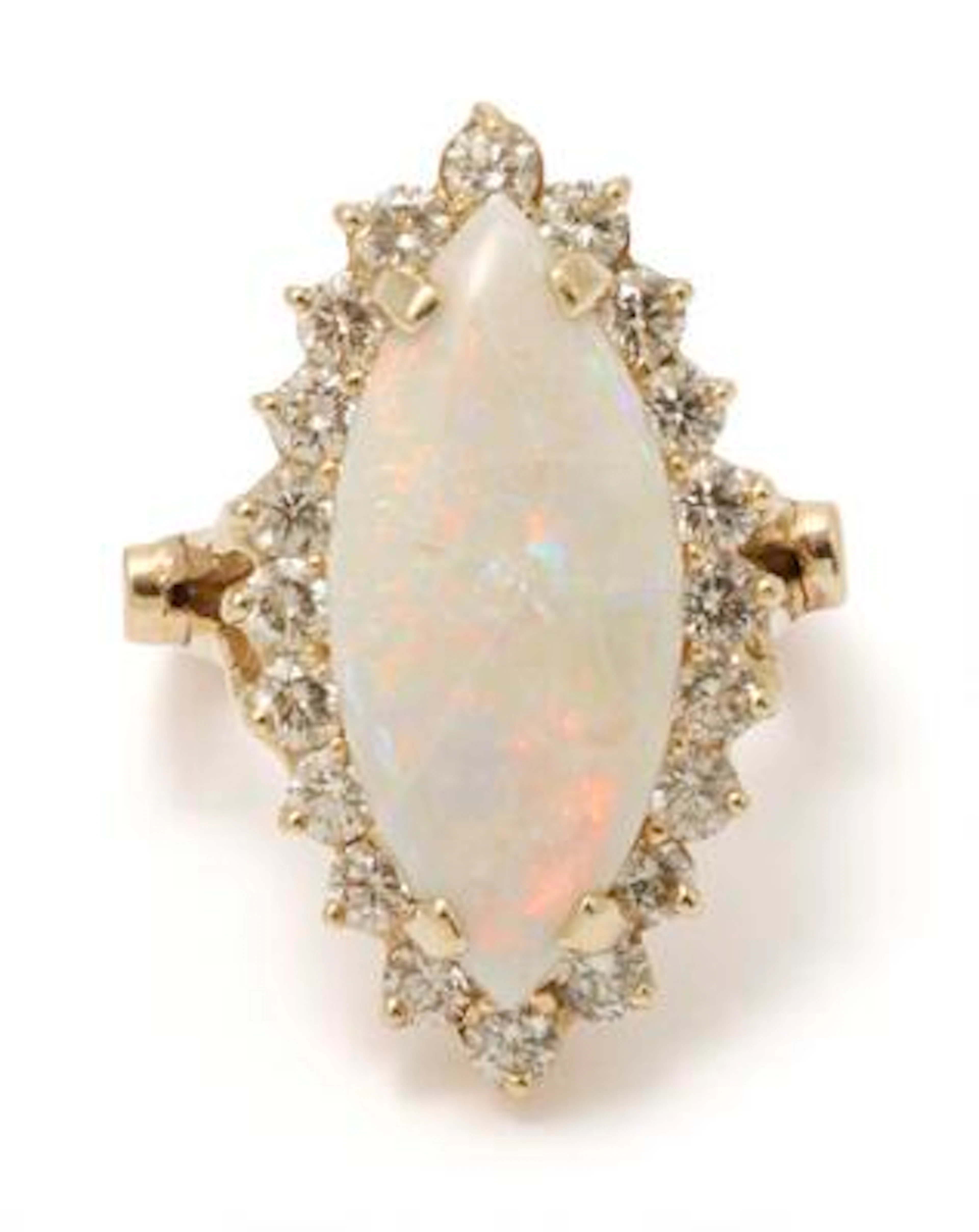 An opal and diamond ring set with opal and numerous diamonds, mounted