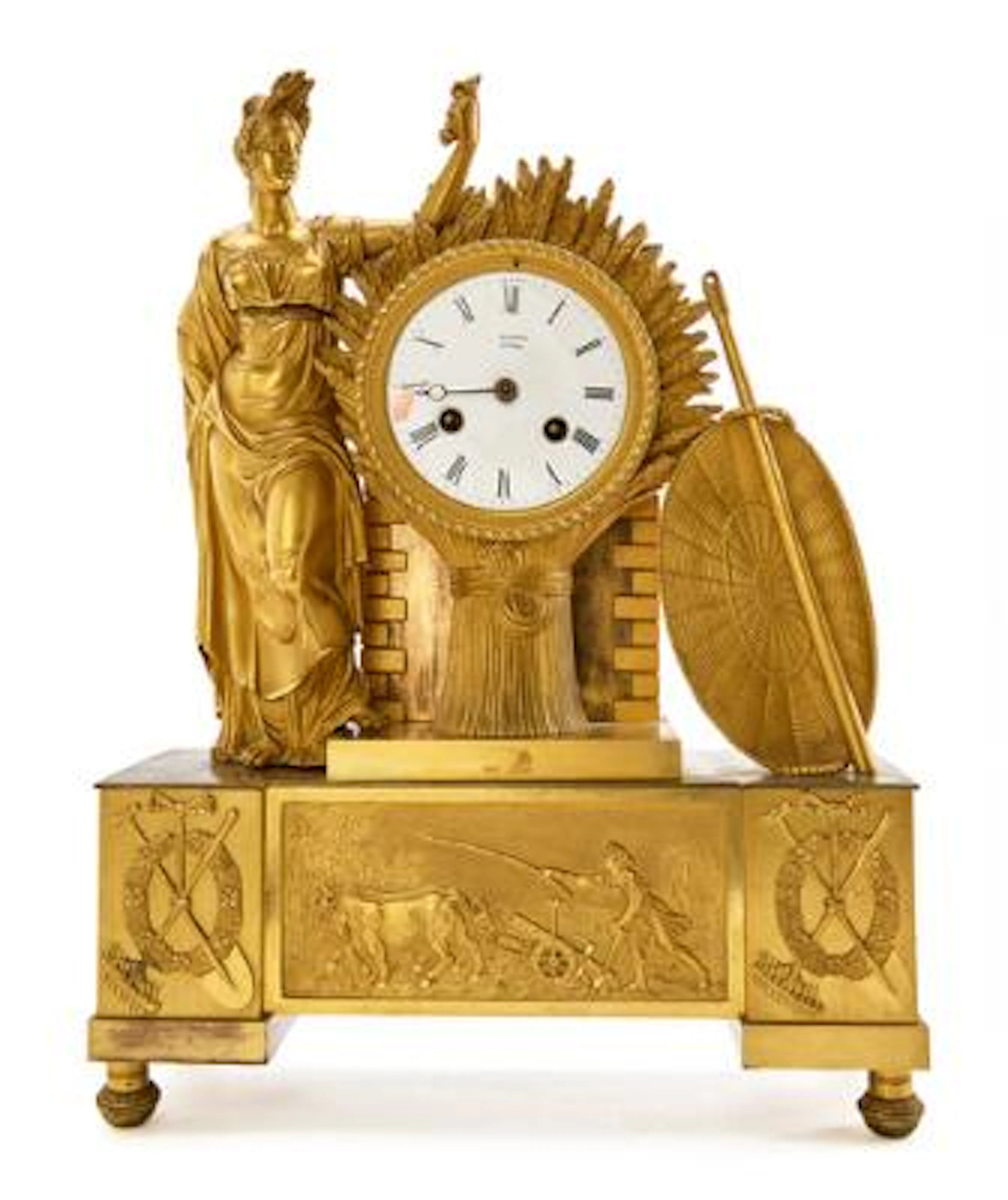A French late Empire mantelpiece clock, gilded bronze with the goddess