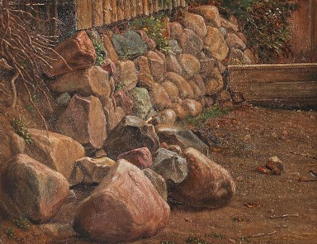 F. C. Kiærskou: A stone wall. Signed and dated FCK 1870. Oil on panel.