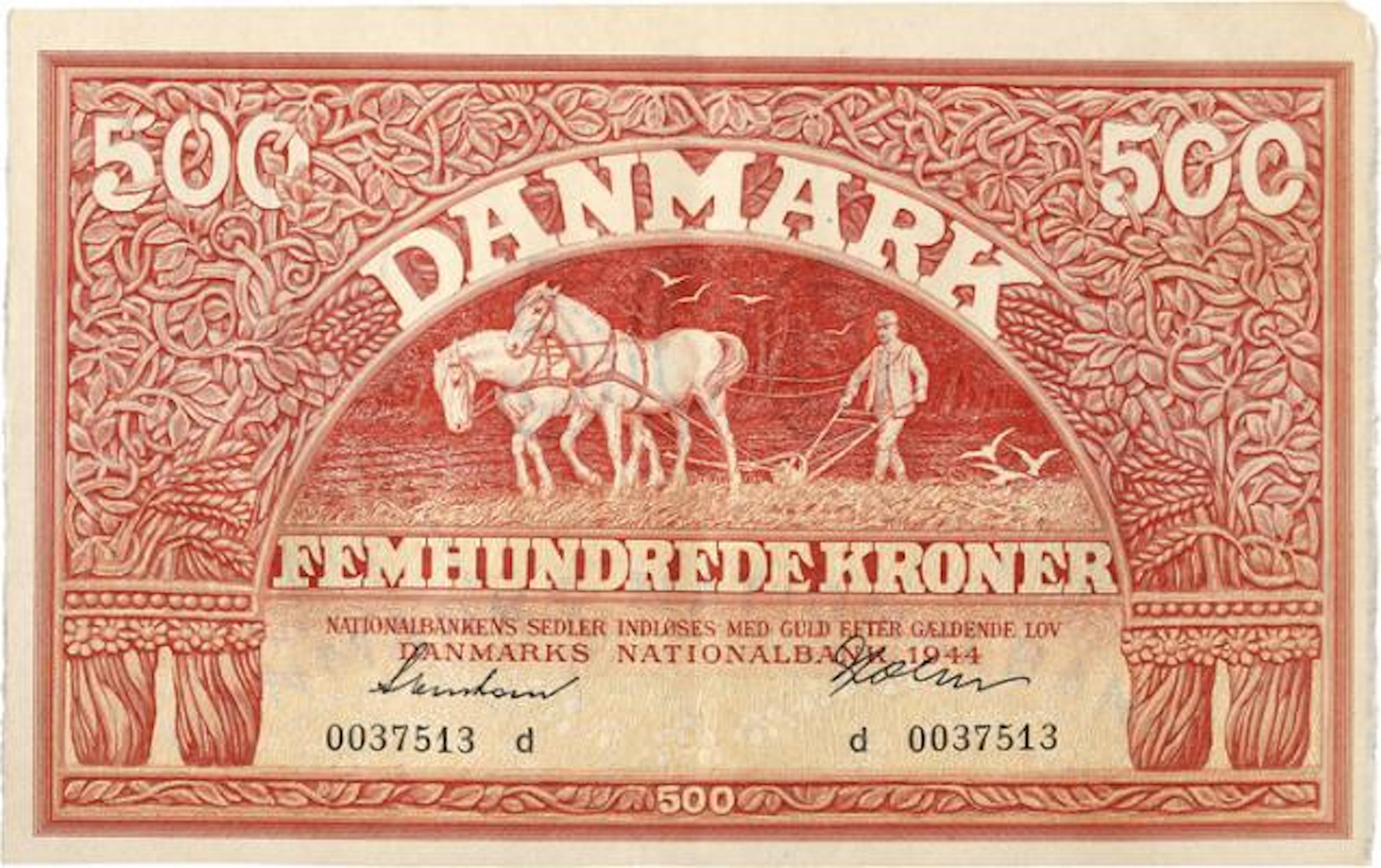 500 kr 1944 d, no. 0037513, Svendsen / Holm, Sieg 127, Pick 136 –
