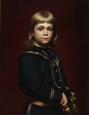 Anton Dorph: Portrait of a noble boy in a blue suit with a sword.
