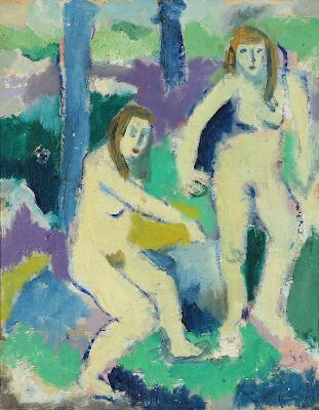 By an unknown artist: Two women in a forest. Indistinctly signed.