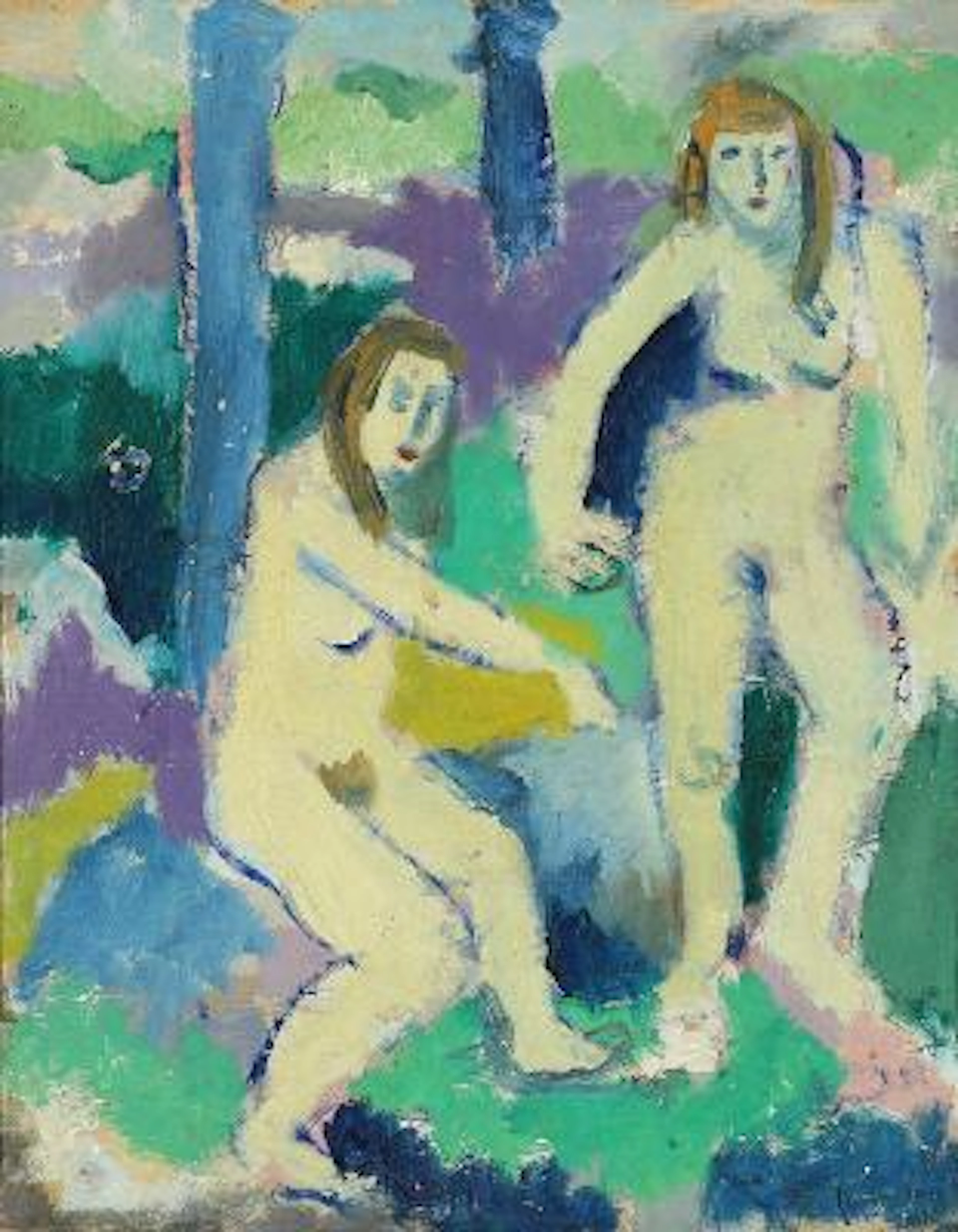 By an unknown artist: Two women in a forest. Indistinctly signed.