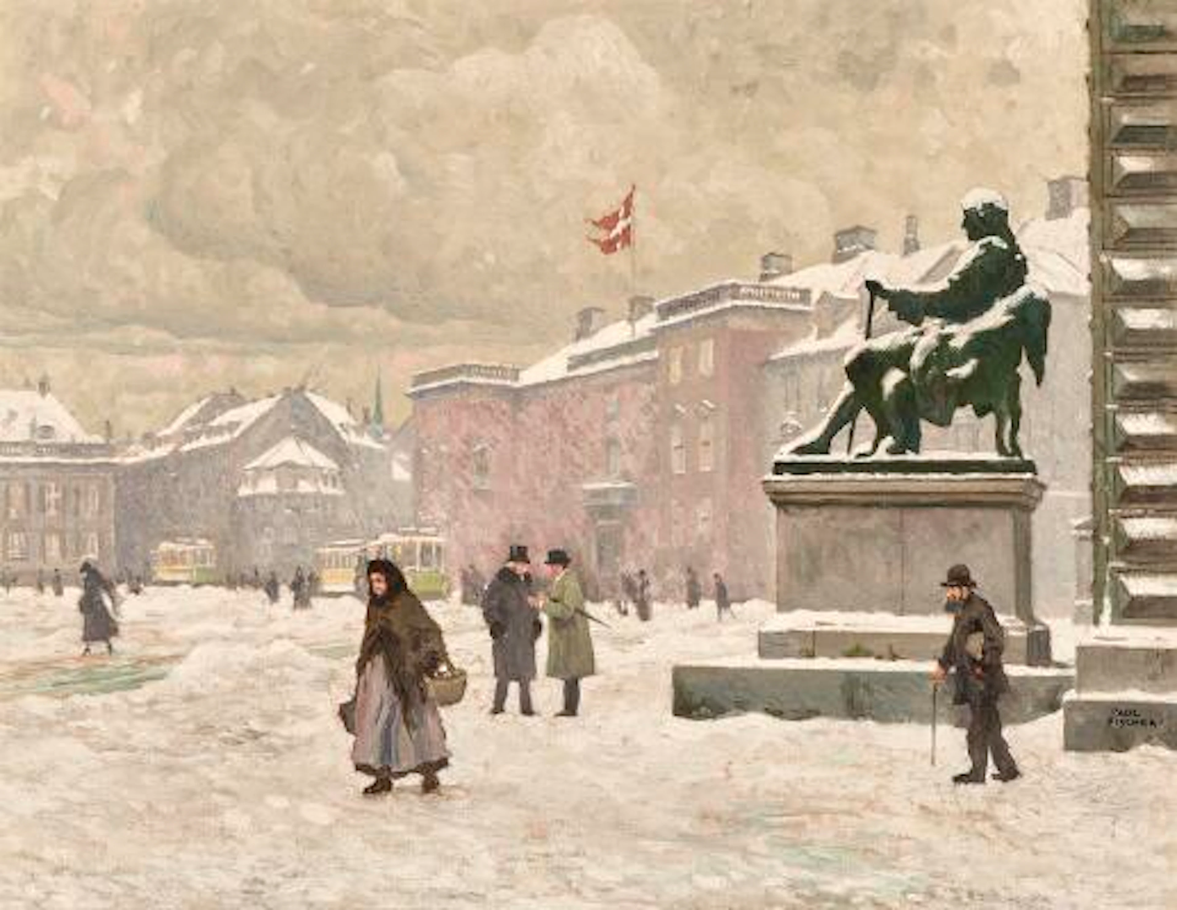 Paul Fischer: Winter day at Kgs. Nytorv, Copenhagen. Signed Paul Fischer.