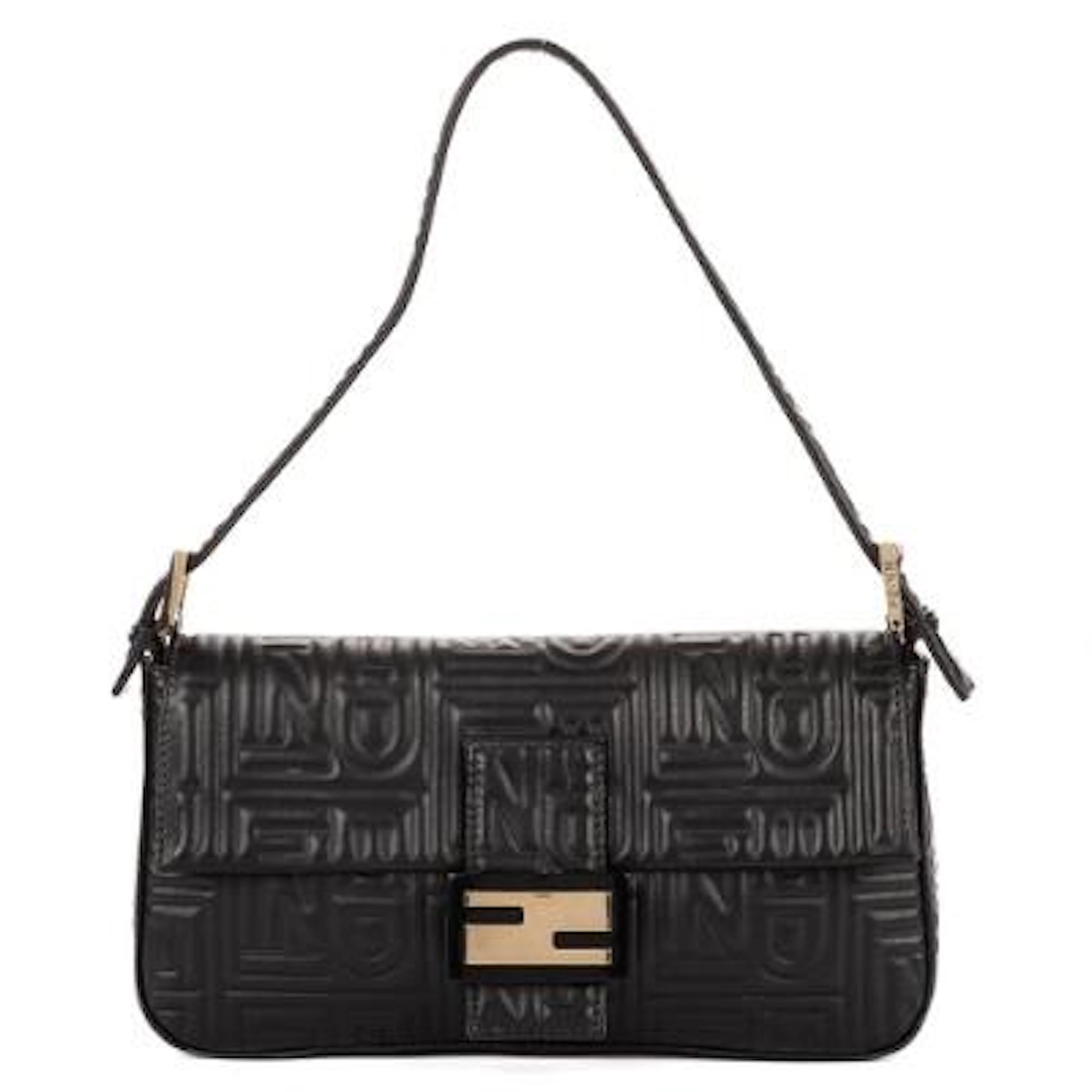 Fendi: A "Re-Edition Baguette" bag in black logo-embossed leather