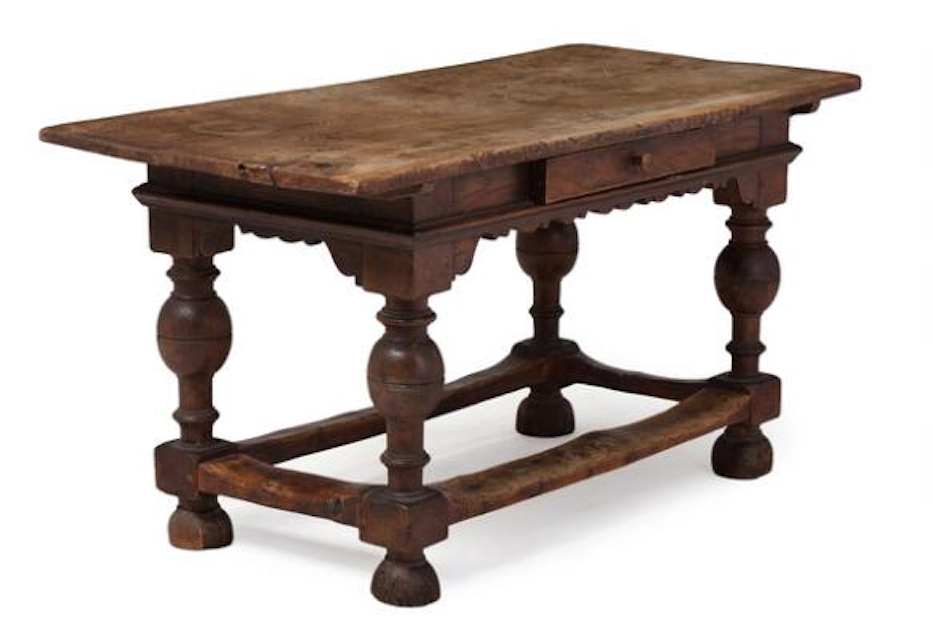 Baroque table of massive oak, apron with drawer. 18th century. H.