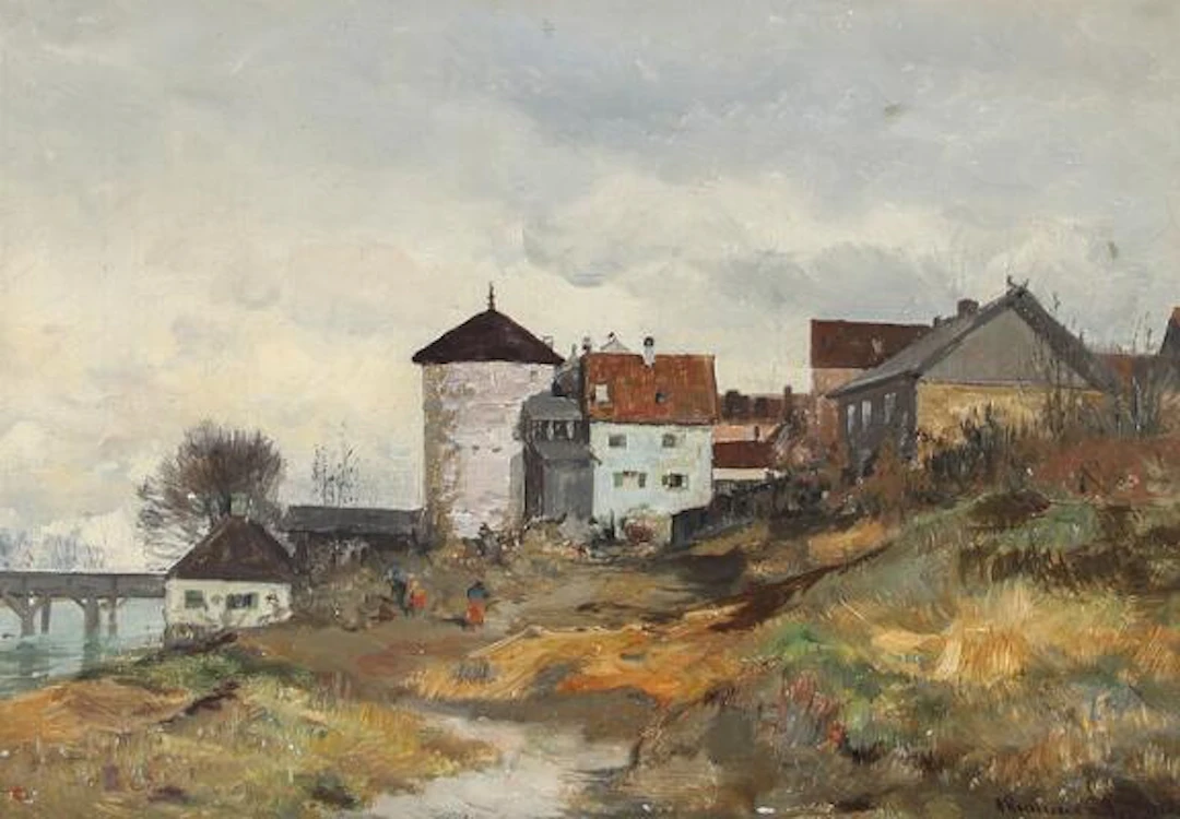 A. Andersen-Lundby: Overcast day on the outskirts of a town. Signed