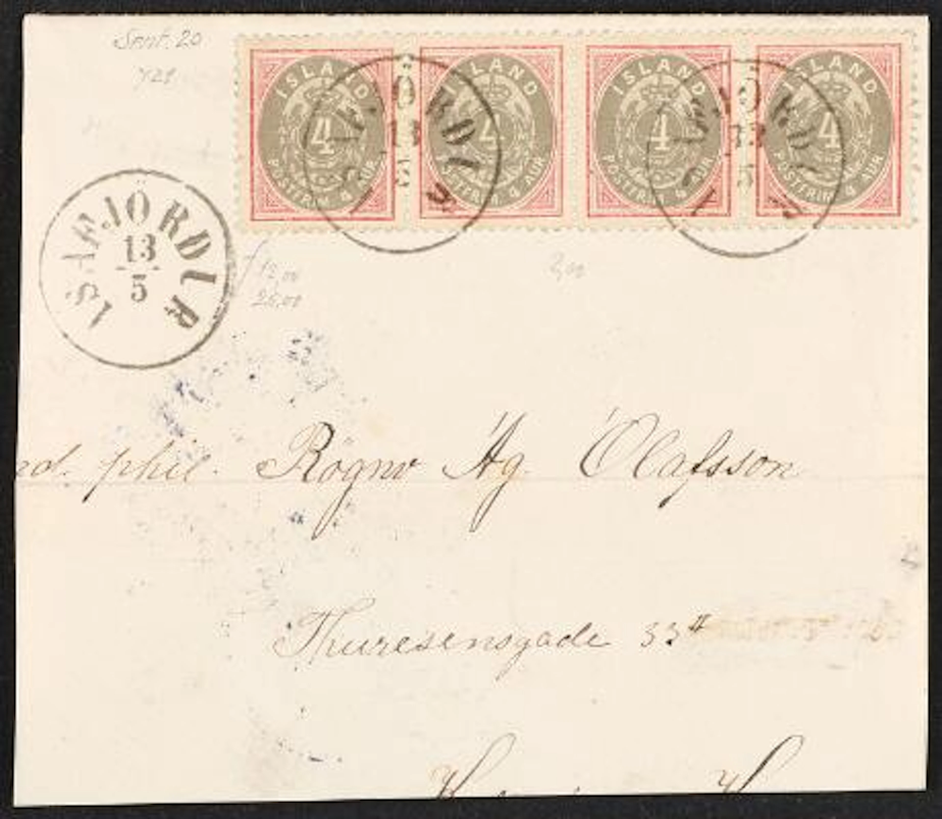 Iceland. 1900. 4 Aur, rose/grey. Strip of 4 on large part of cover