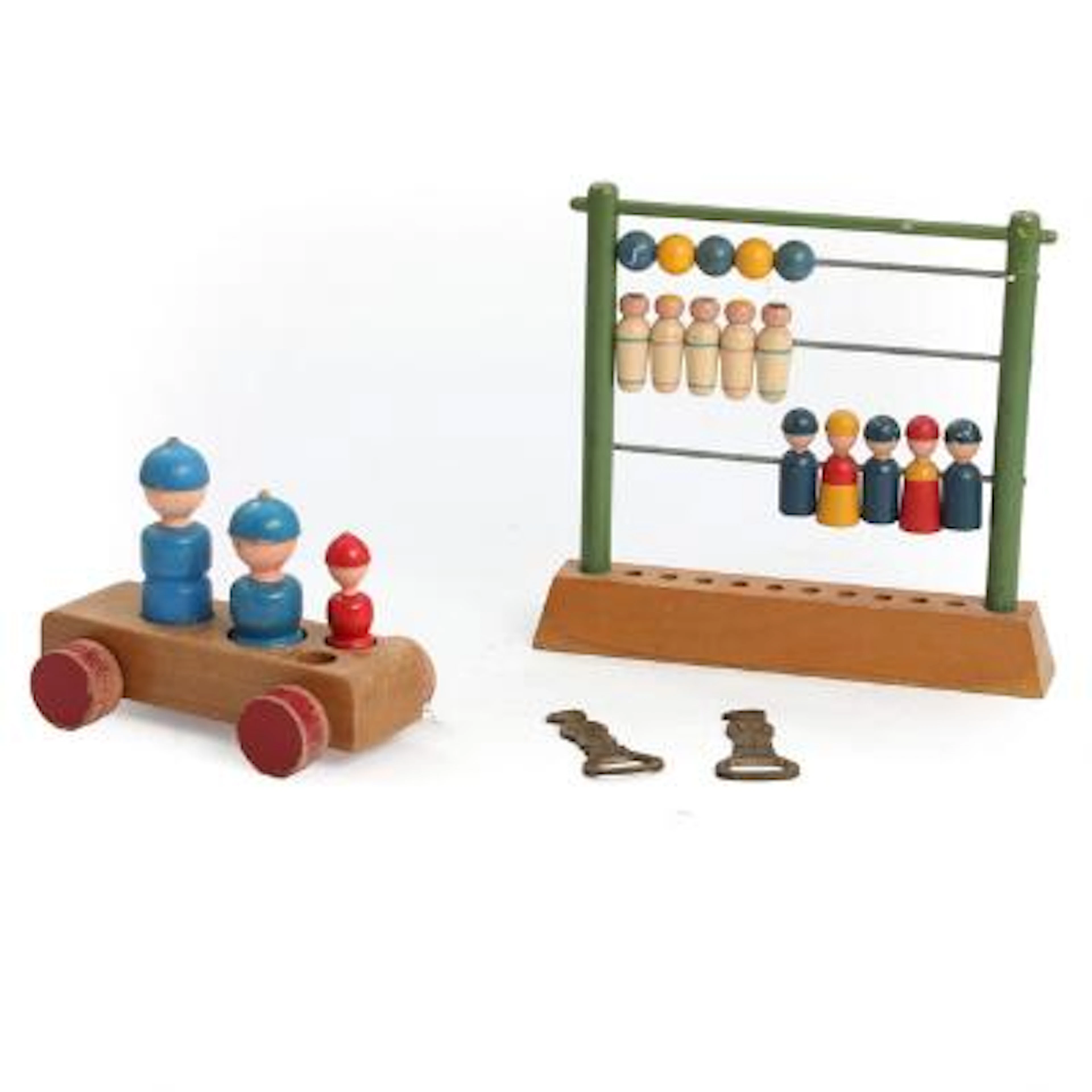 Kay Bojesen: A partly painted wood abascus and car with figures, also