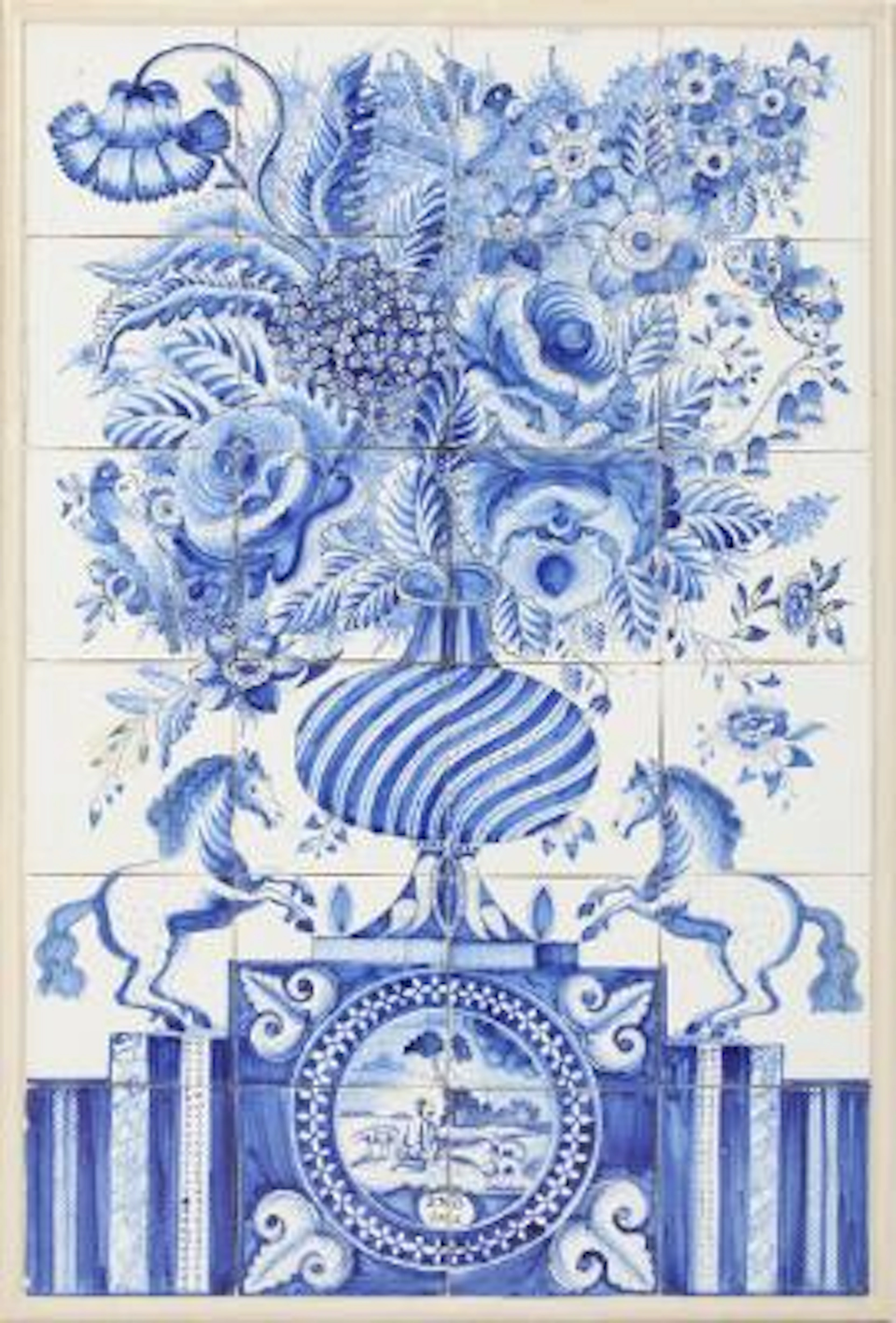 Delft tile picture of faience, decorated in blue with floral arrangement.