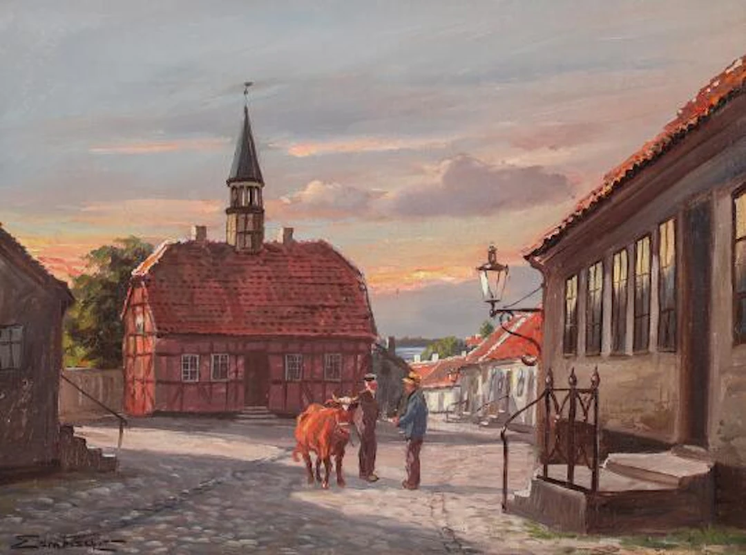 Edmund Fischer: Two merchants with a cow at Ebeltoft Town Hall. Signed.