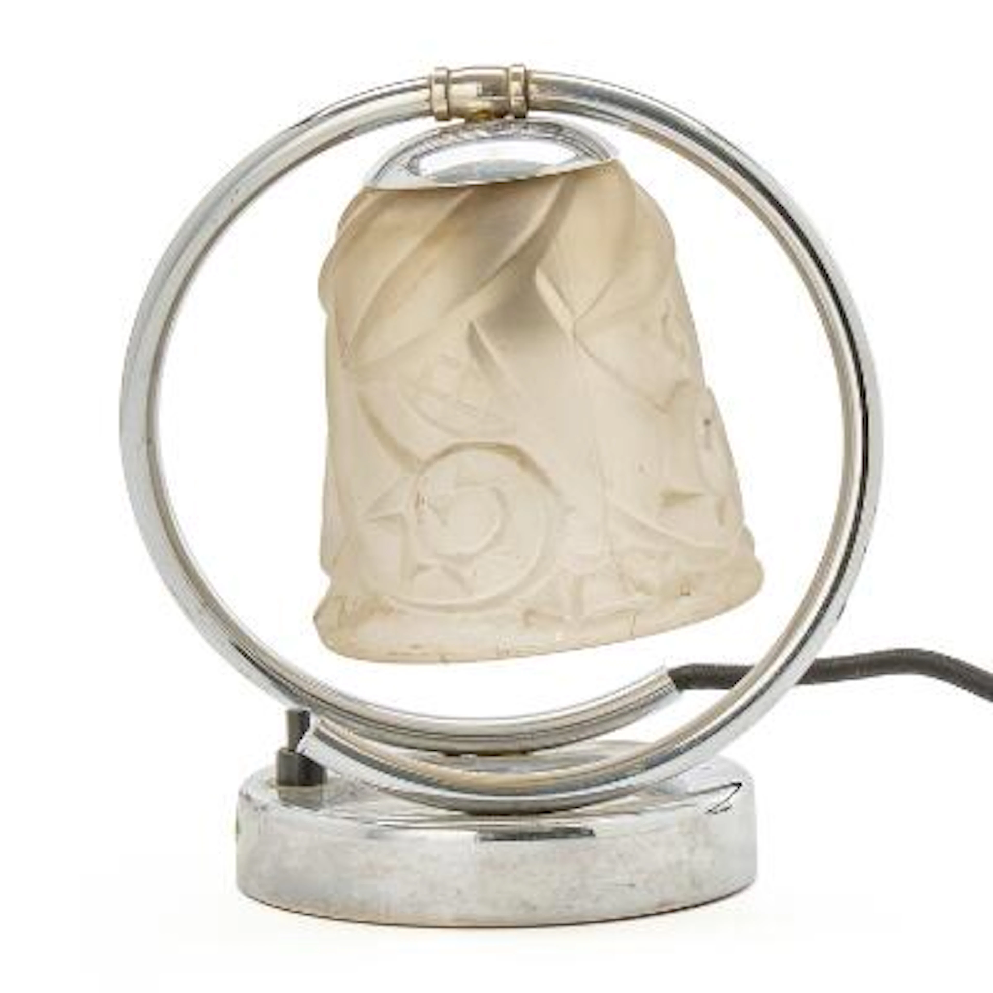 French Art Deco: Bedside lamp in nickel-plated metal. Glass shade.