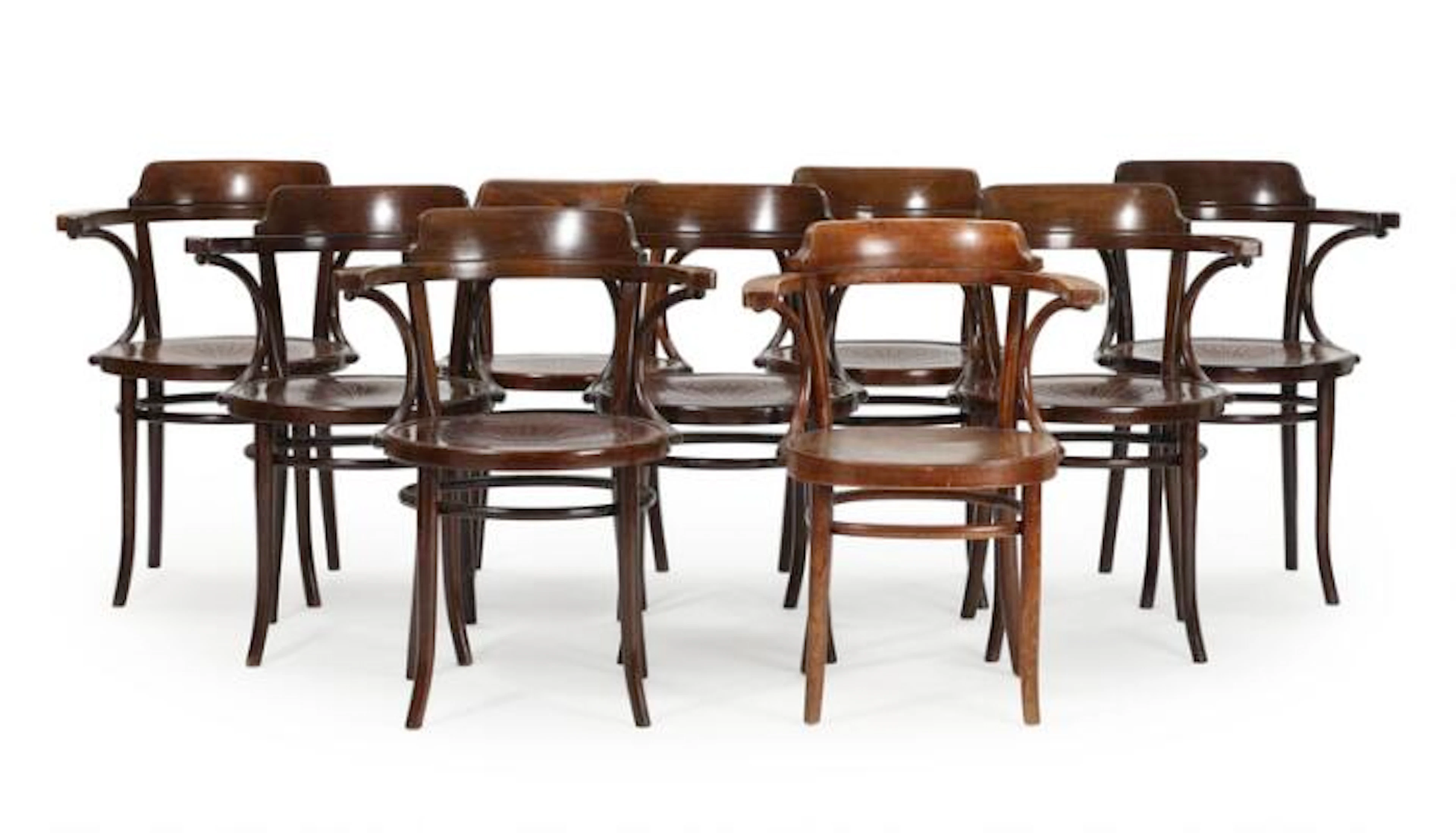 Michael Thonet: Set of nine armchairs with stained beech frame. Plywood