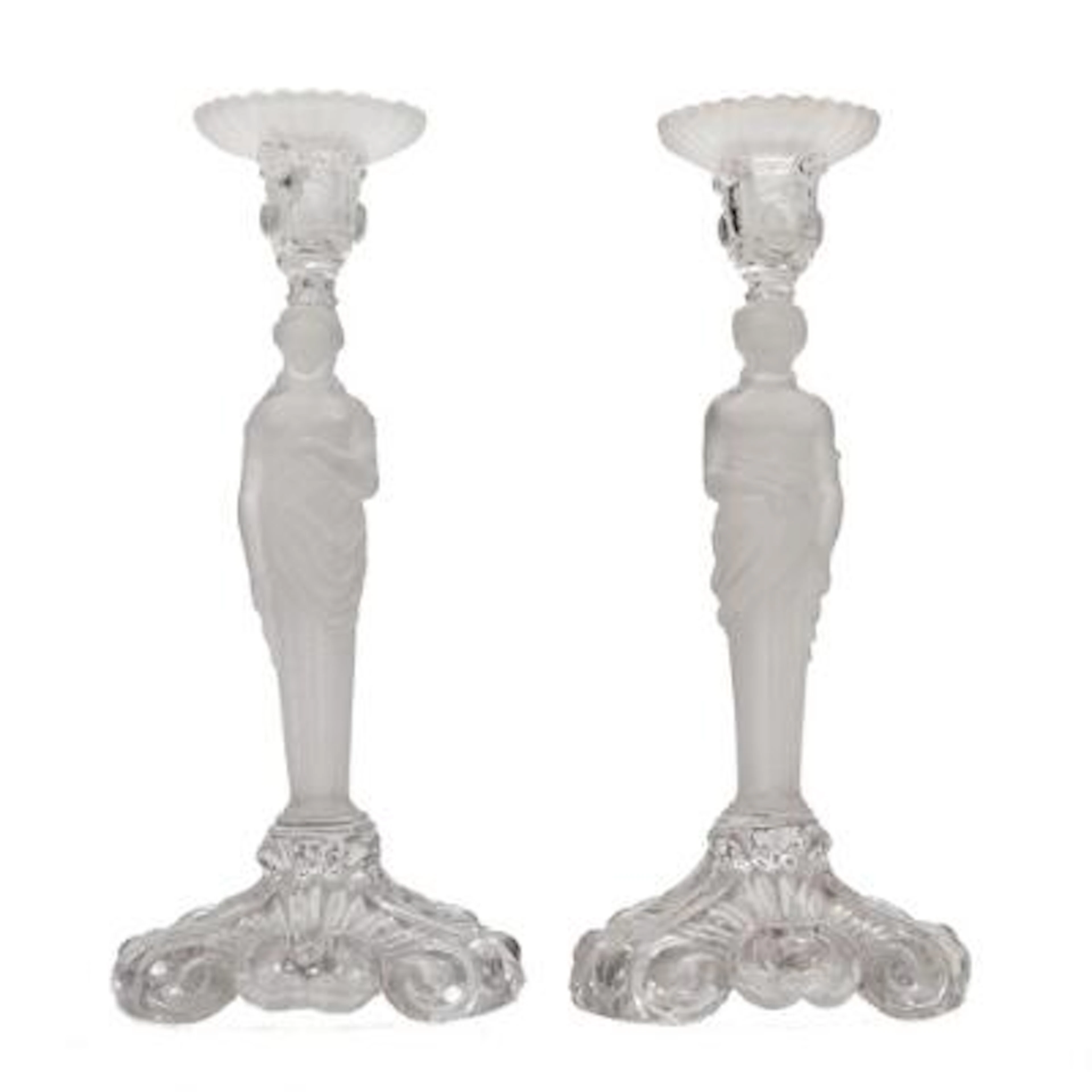 A pair of French candlesticks of glass, stems in the form of caryatids.