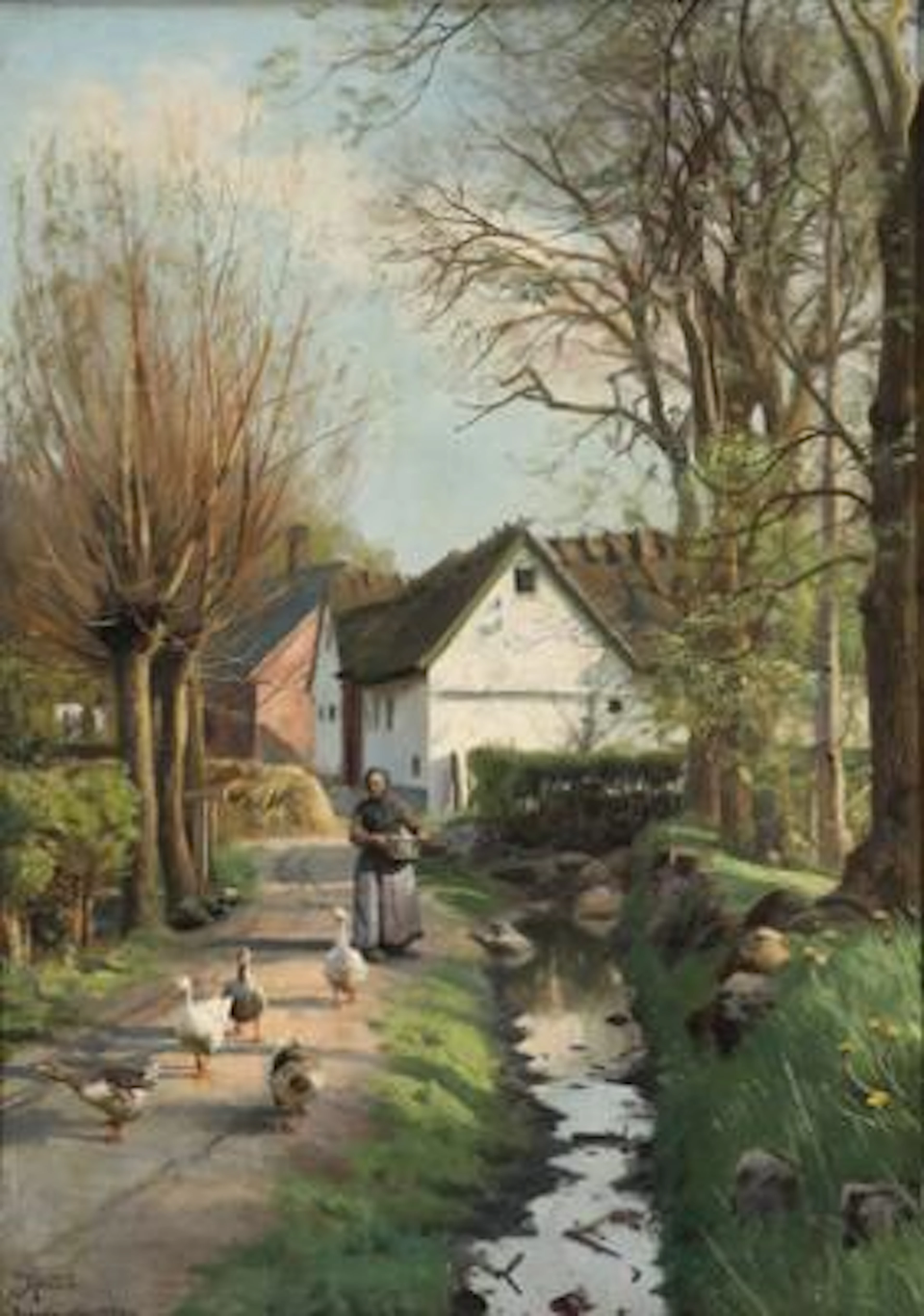 Peder Mønsted: A sunny day with a woman gathering the geese. Signed