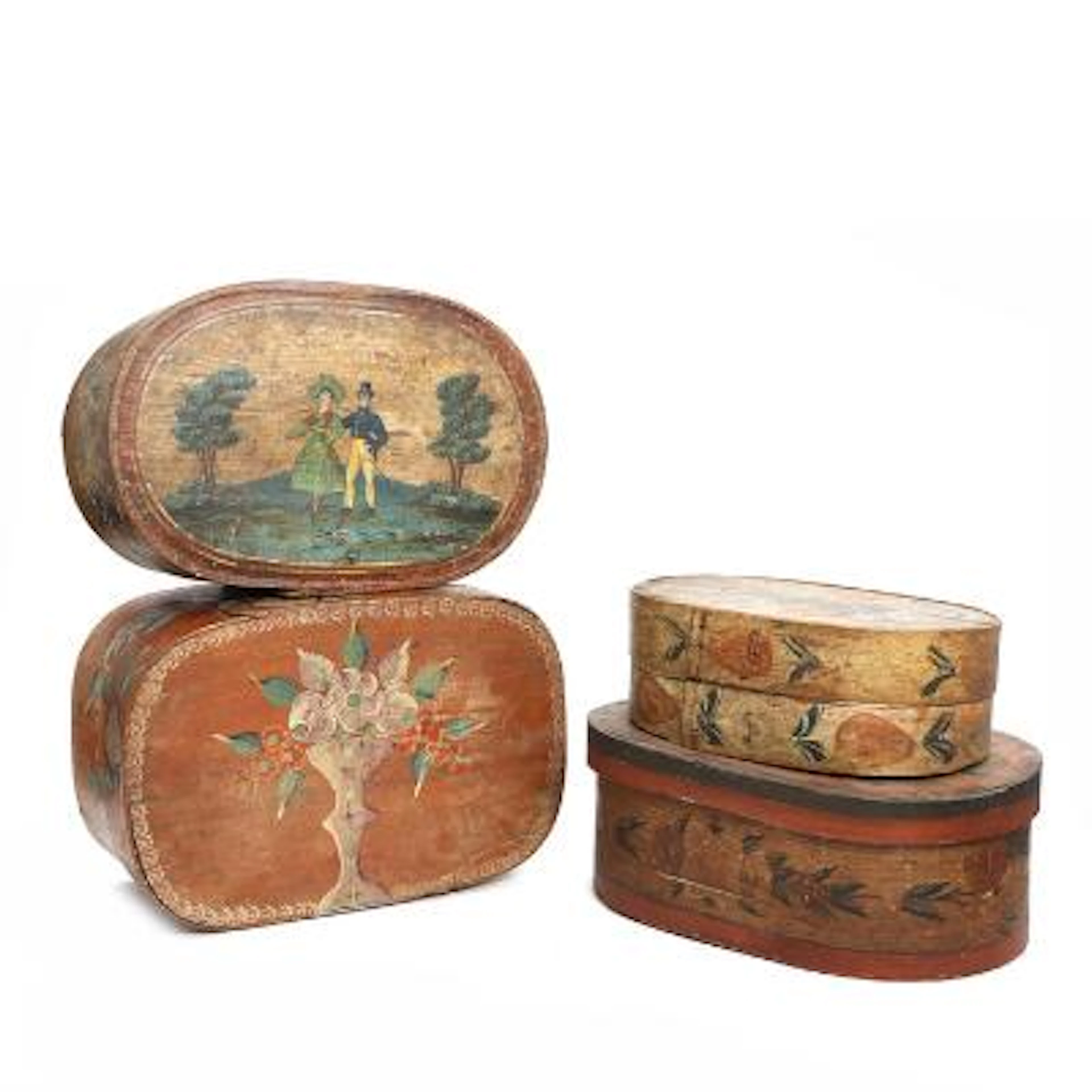 Four painted bentwood wig boxes. 19th century. L. 39-47 cm. (4) –