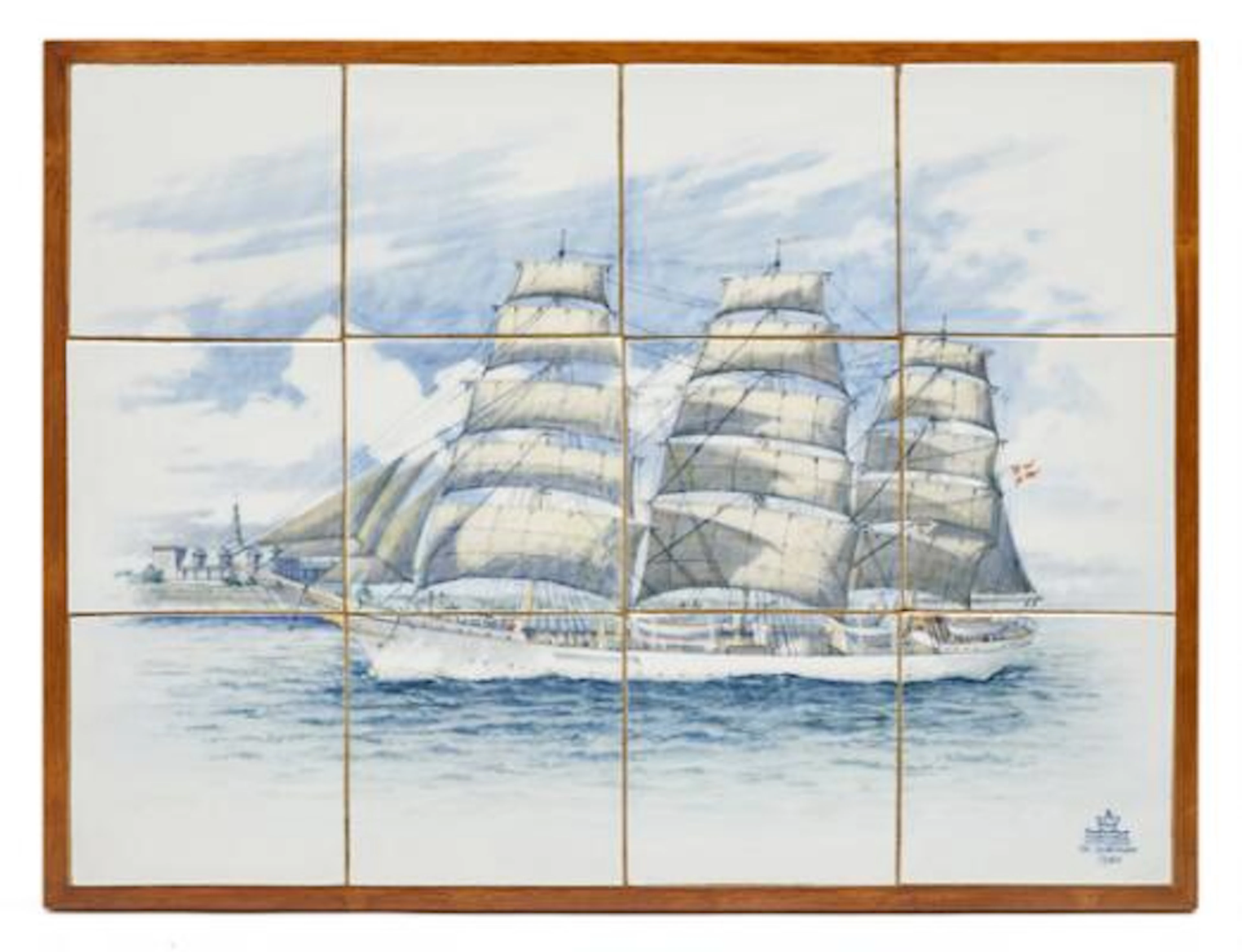 Theodor Kjølner: Tile image depicting school ship 'Denmark', signed