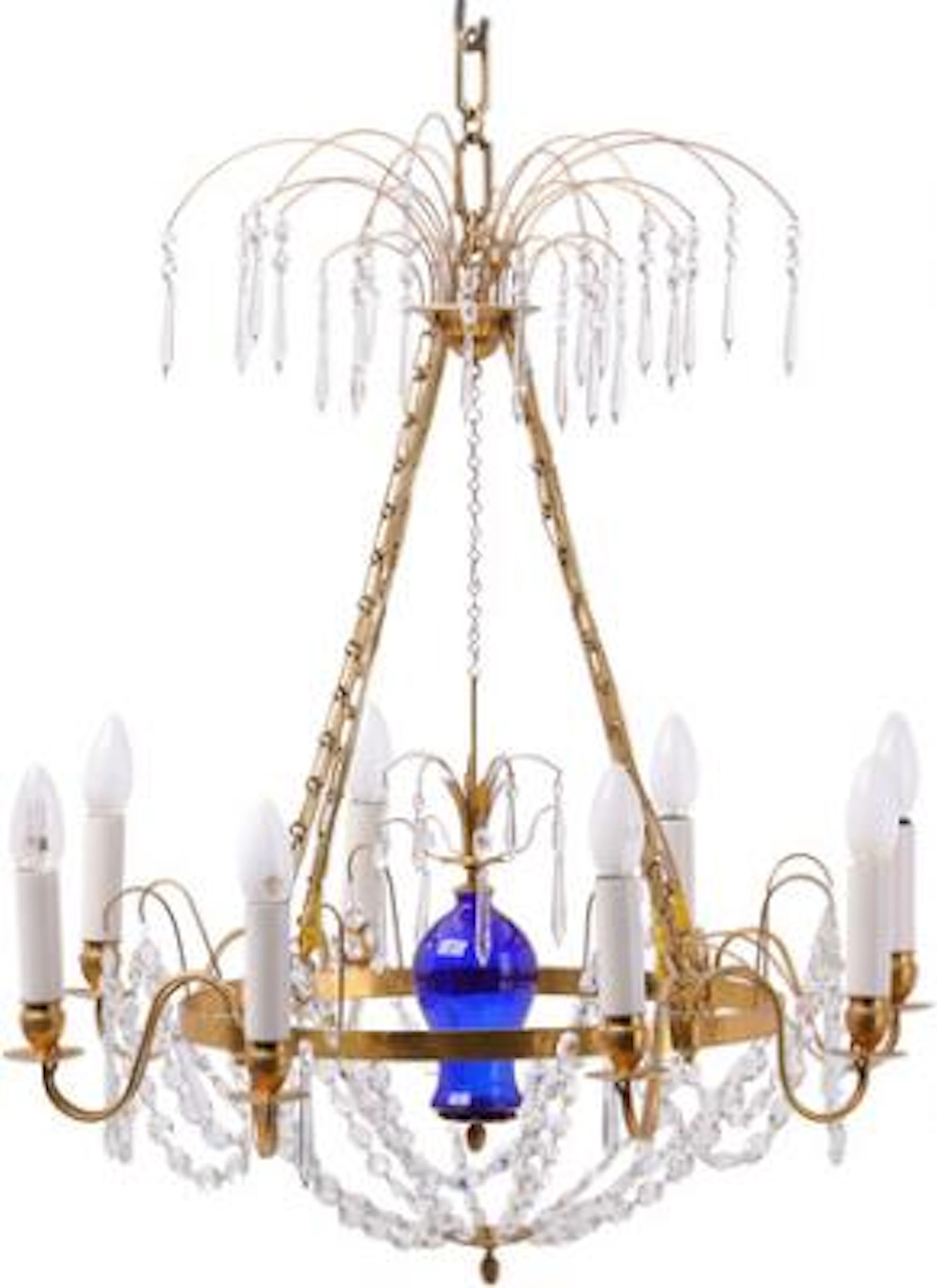 A Louis XVI style chandelier of gilded bronze, mounted to eletricity