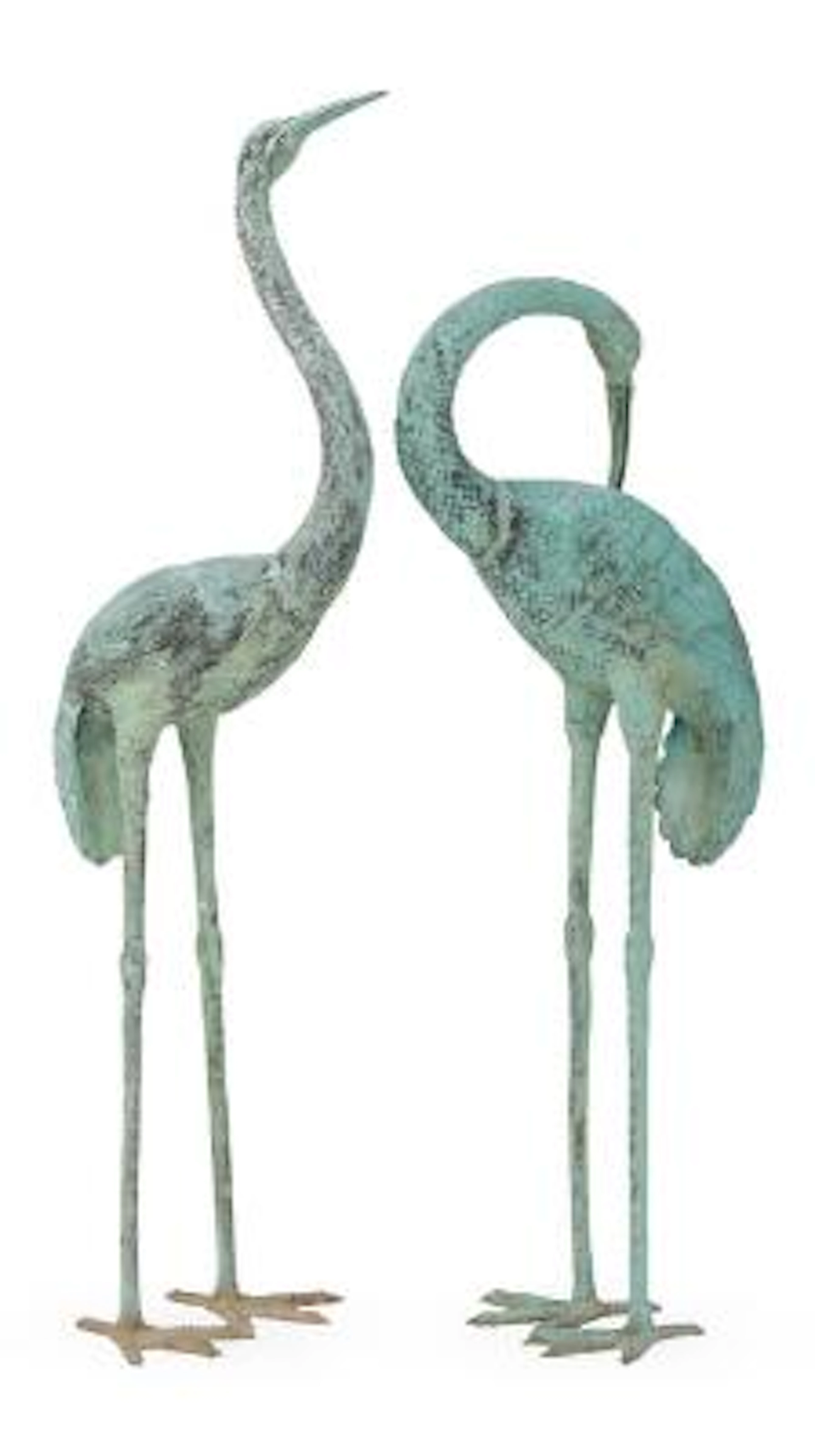 Two garden sculptures in the form of cranes. Patinated bronze. H.