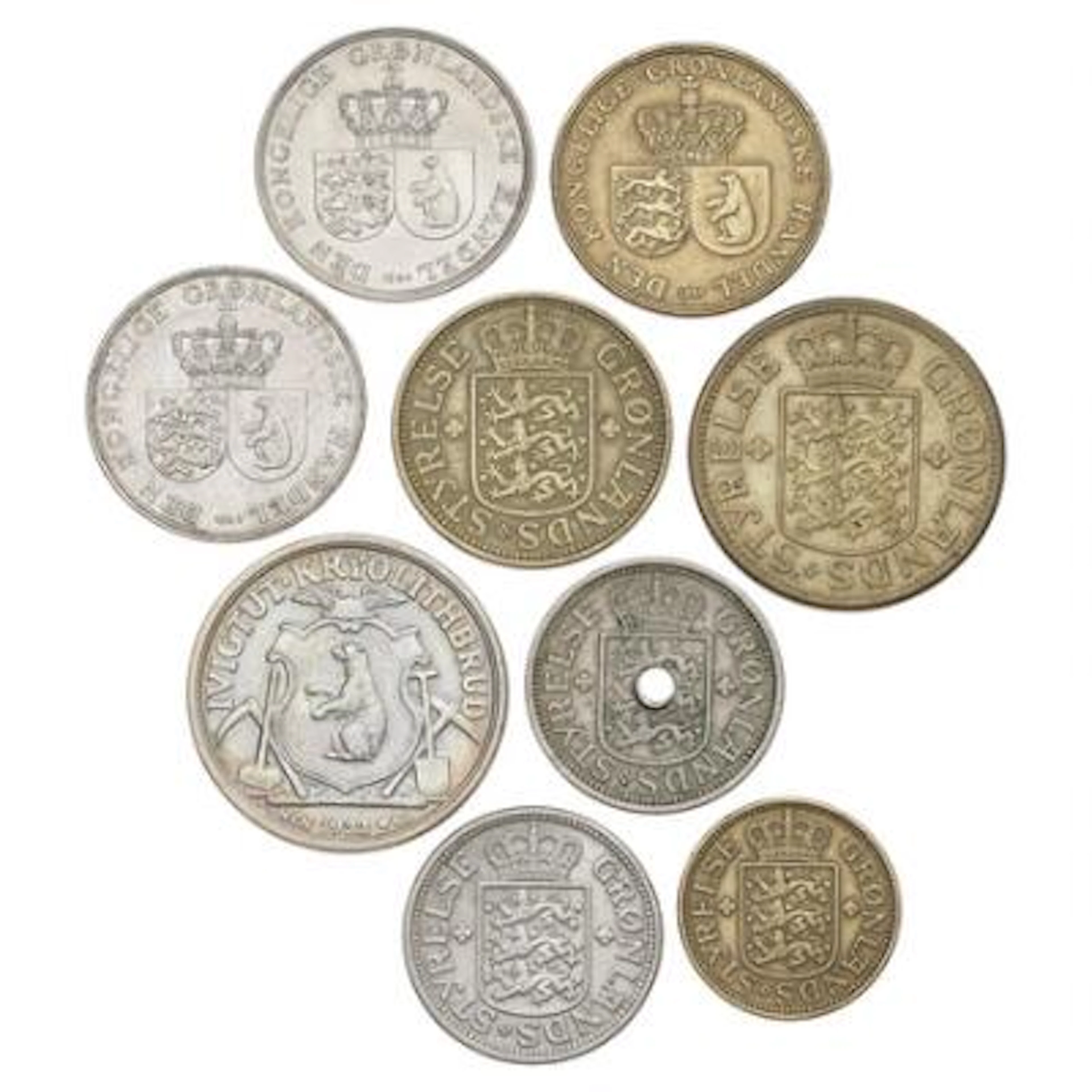 Greenland, complete set official coins, Sieg 1–7, Cryolite, The Mining