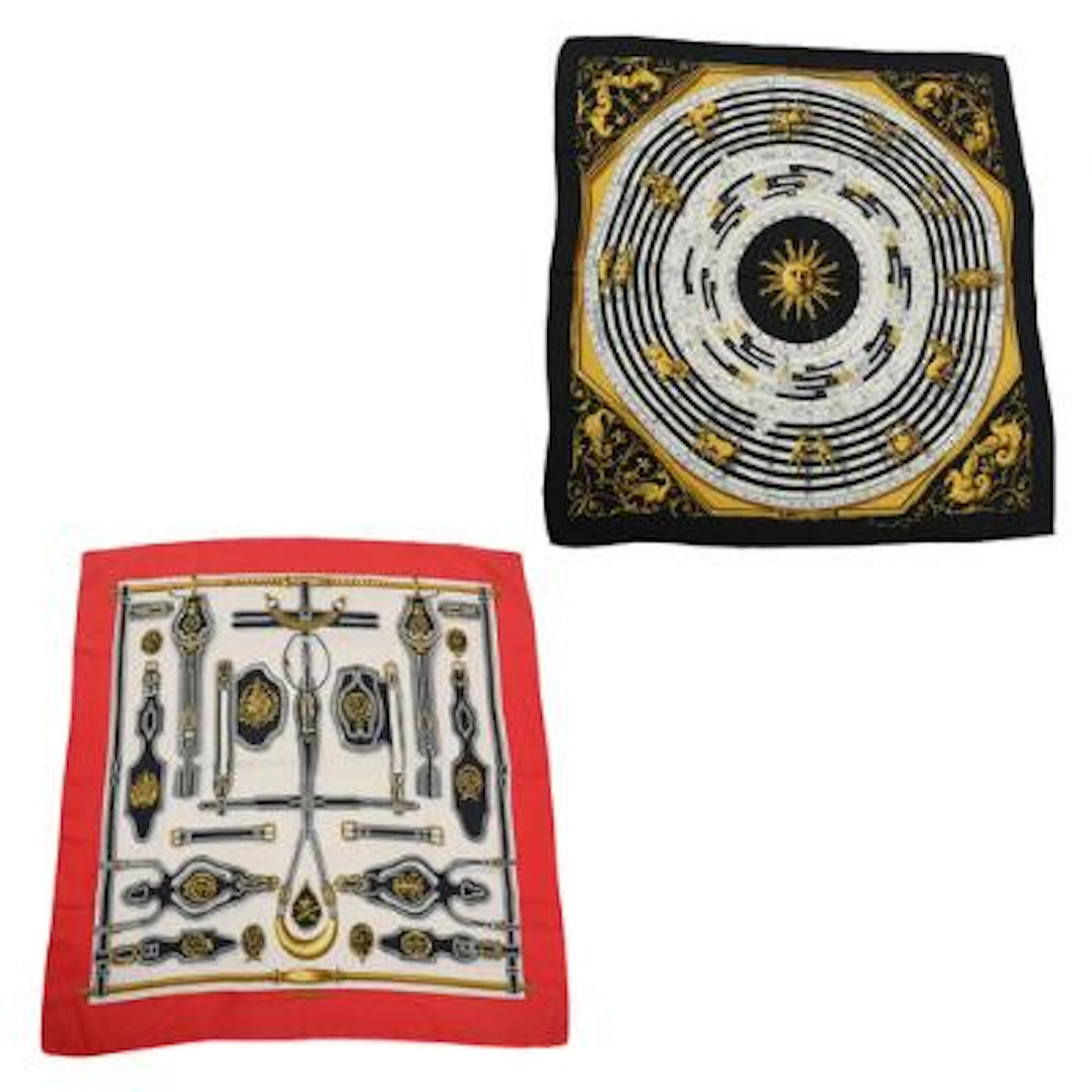 Hermès: Two silk scarfs with motif "Harnais Des Présidents" and "Dies