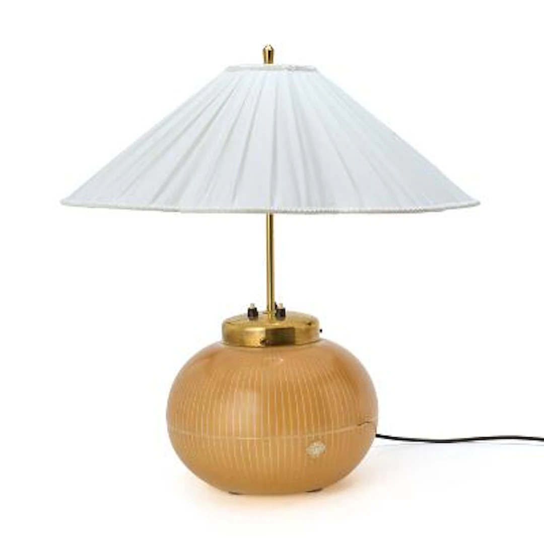 German design: Table lamp in striped glass and brass. Shade in light-coloured
