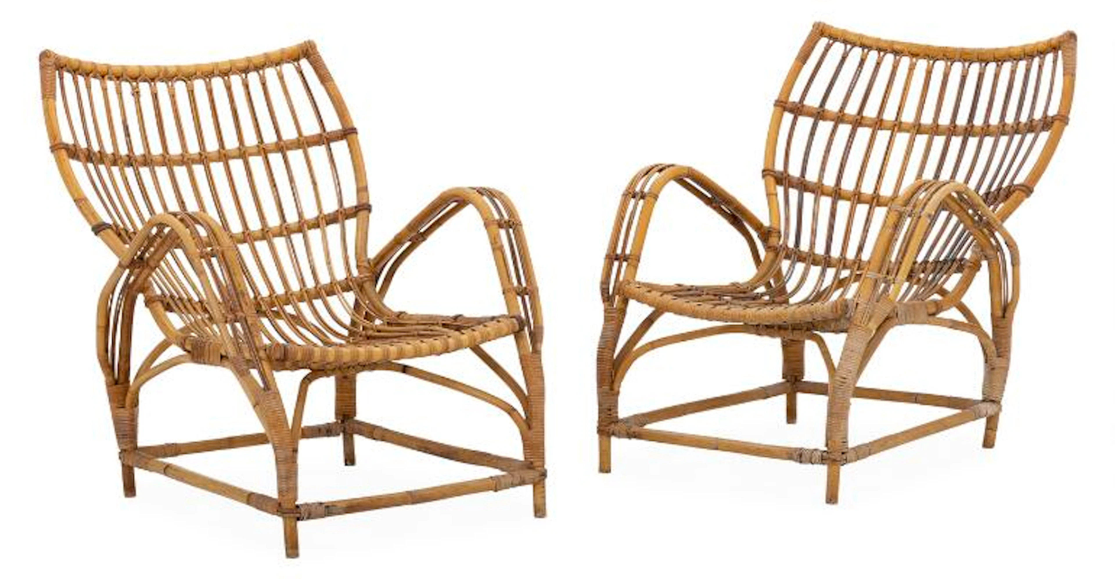 Danish furniture design: A pair of bamboo and wicker easy chairs.