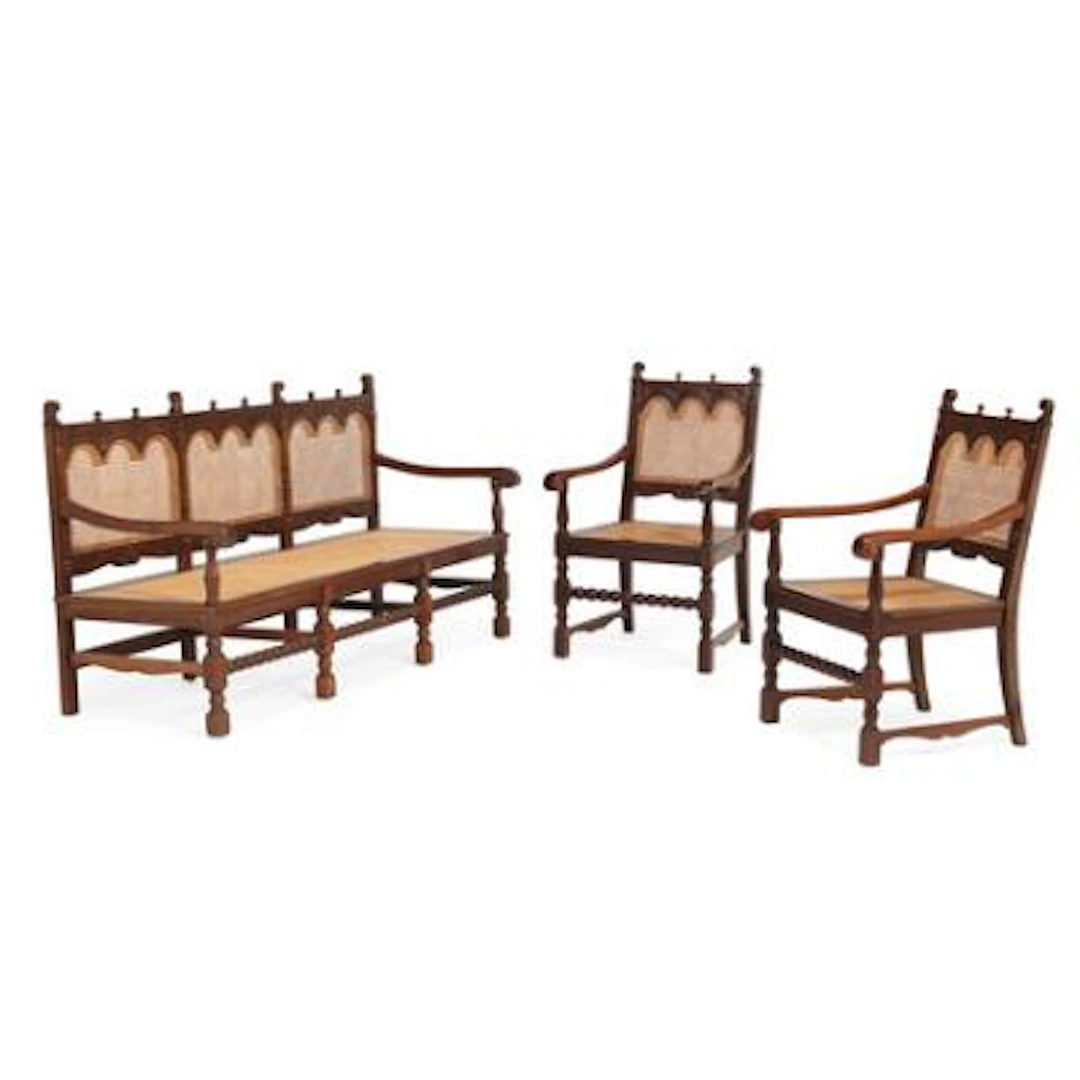 A Cuban furniture set made of mahogany with wicker seat and back